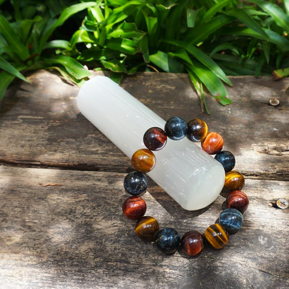 TaHLga Mixed Tigers Eye Mens Bracelet 16MM | Mixed Red Gold Blue | Fits for About 8" XLarge Wrist | Natural Solar Plexus Chakra Gemstones | Bring Luck Wealth Courage | Protection from Evil | Gift