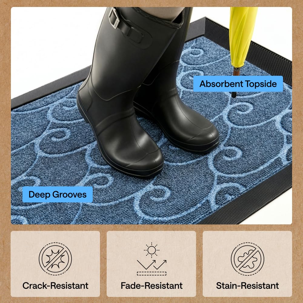 GORILLA GRIP 100% Waterproof All-Season WeatherMAX Doormat, US Designed Natural Rubber, Stain and Fade Resistant, Low Profile Indoor Outdoor Door Mats, Easy Clean Patio Mat, 29x17, Ocean Blue Waves