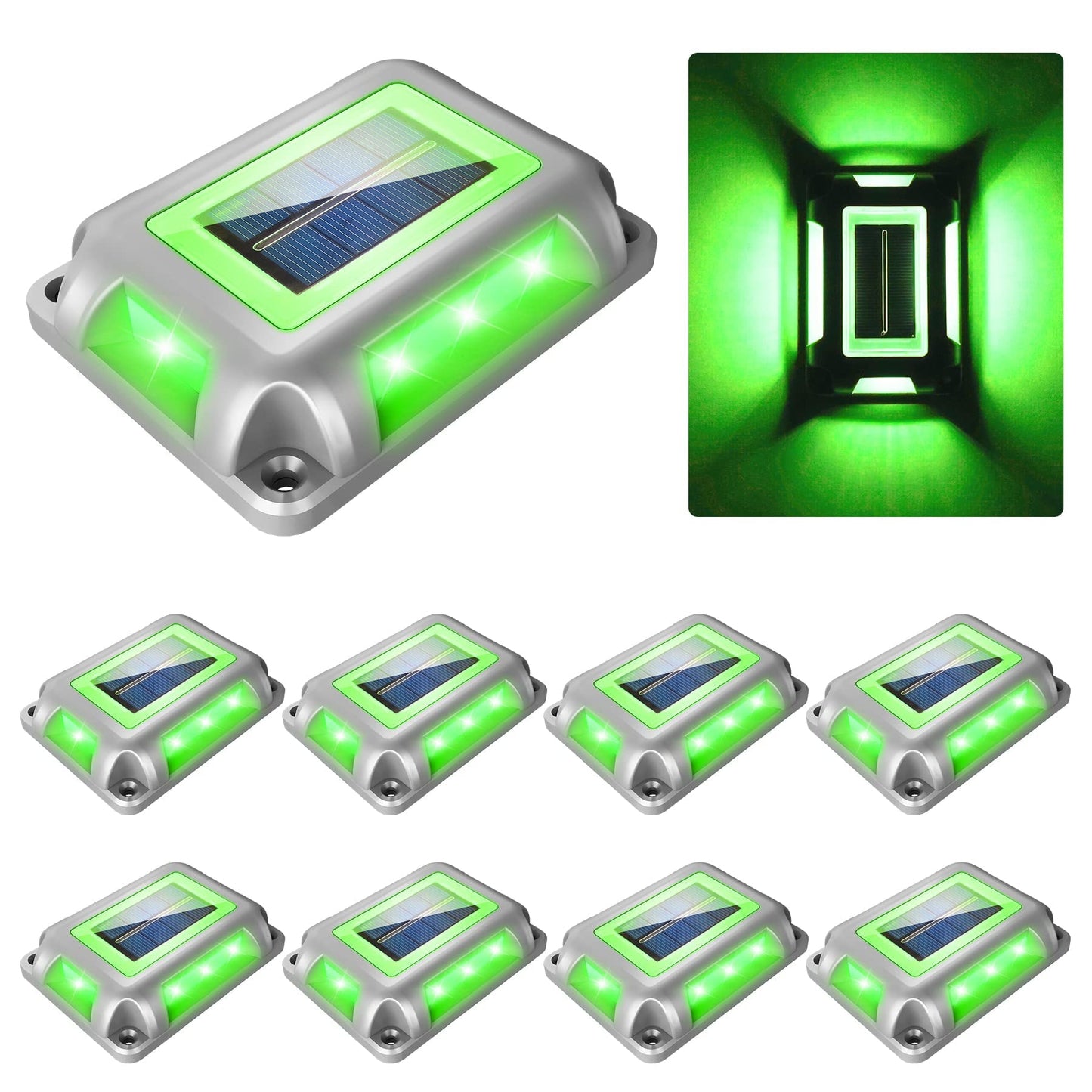 CREPOW Solar Green Deck Lights Driveway Dock Lights St. Patrick's Day Decor Light- 8 Packs Waterproof 1200mAh Outdoor LED Aluminum Dock Lighting Road Markers for Driveway Sidewalk Garden Pathway Yard
