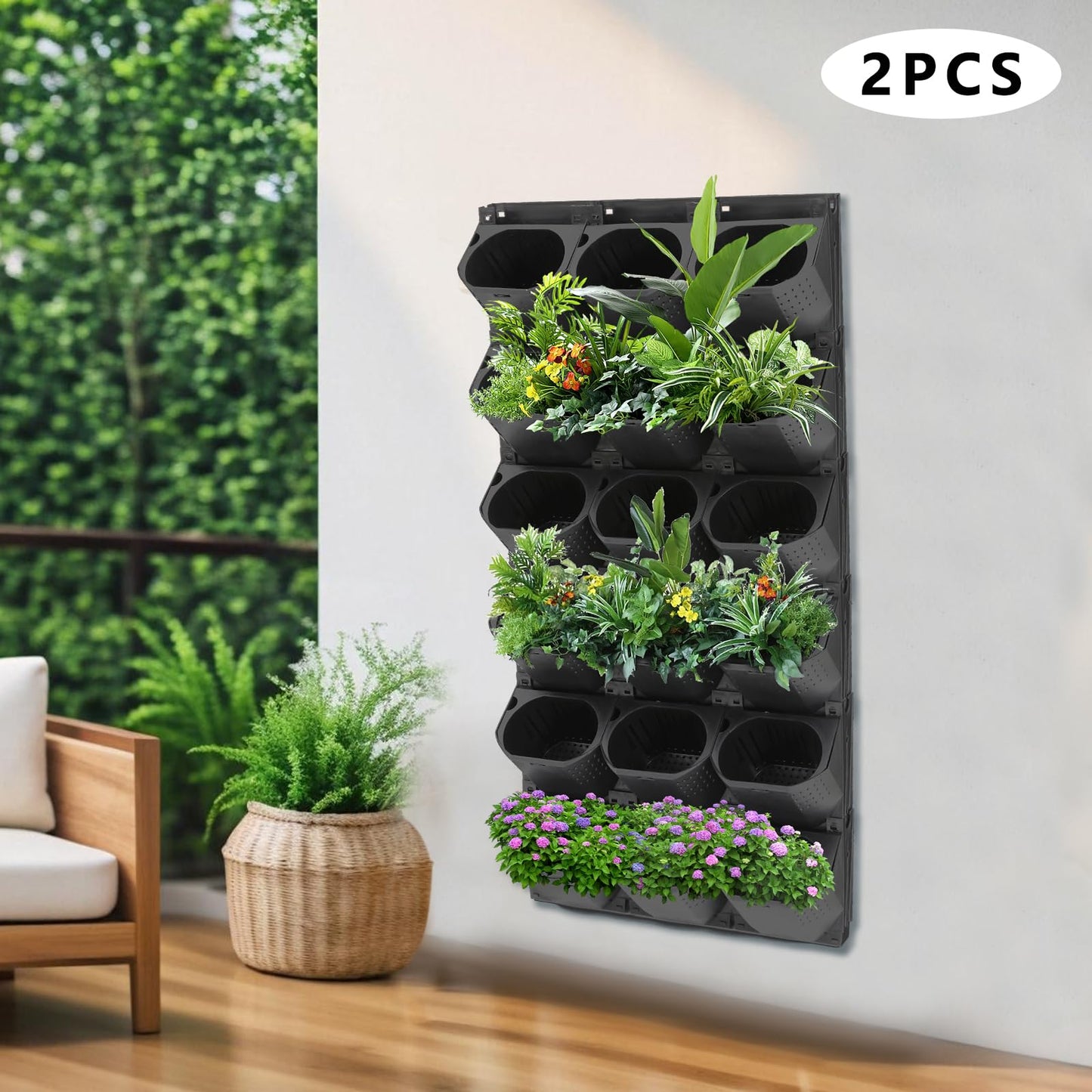 REBaiYU Wall Mounted Planter with 36 Pots,Built-in Water Reservoir & Aeration Holes, 180LBS Load Capacity, Snap-On Design for Indoor/Outdoor Flowers, Vegetables, Grass (Black)