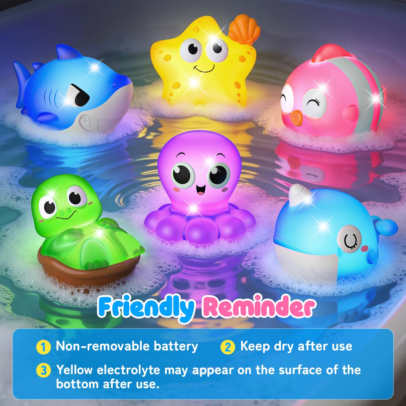 Light Up Bath Toys for Kids Ages 1-3, Pool Toys for 1 2 3 Year Old Girl Boy, Water Activated Bath Toys for Toddlers 3-5, Glowing Bathtub Toys for Baby Boy & Girl Gifts, 6 Pack