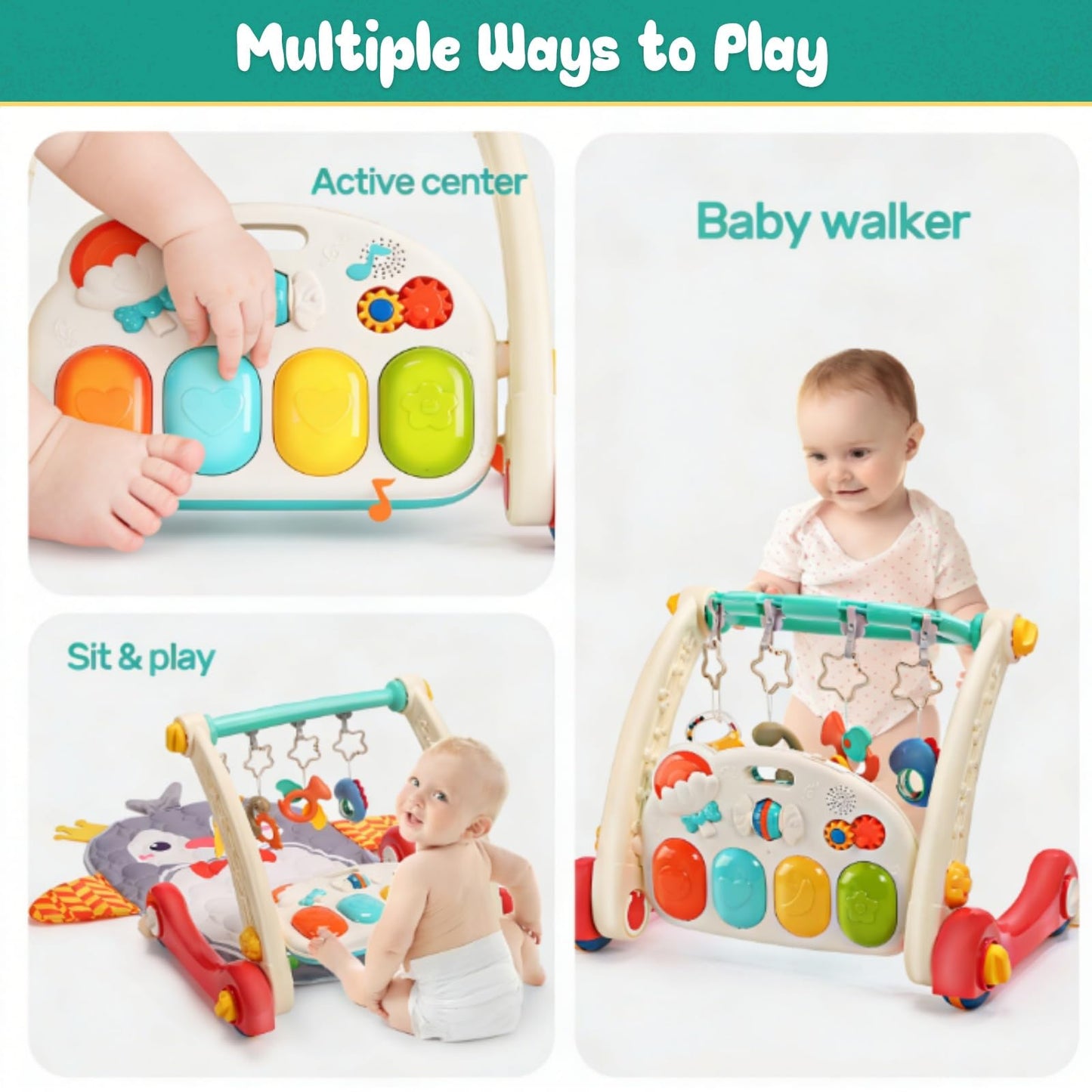CUTE STONE Baby Play Gym & Learning Walker, Baby Play Mat with Play Piano, Musical Activity Center with Lights, Baby Push Walkers & Thin Playtime Mat for Infant Newborn Toddlers