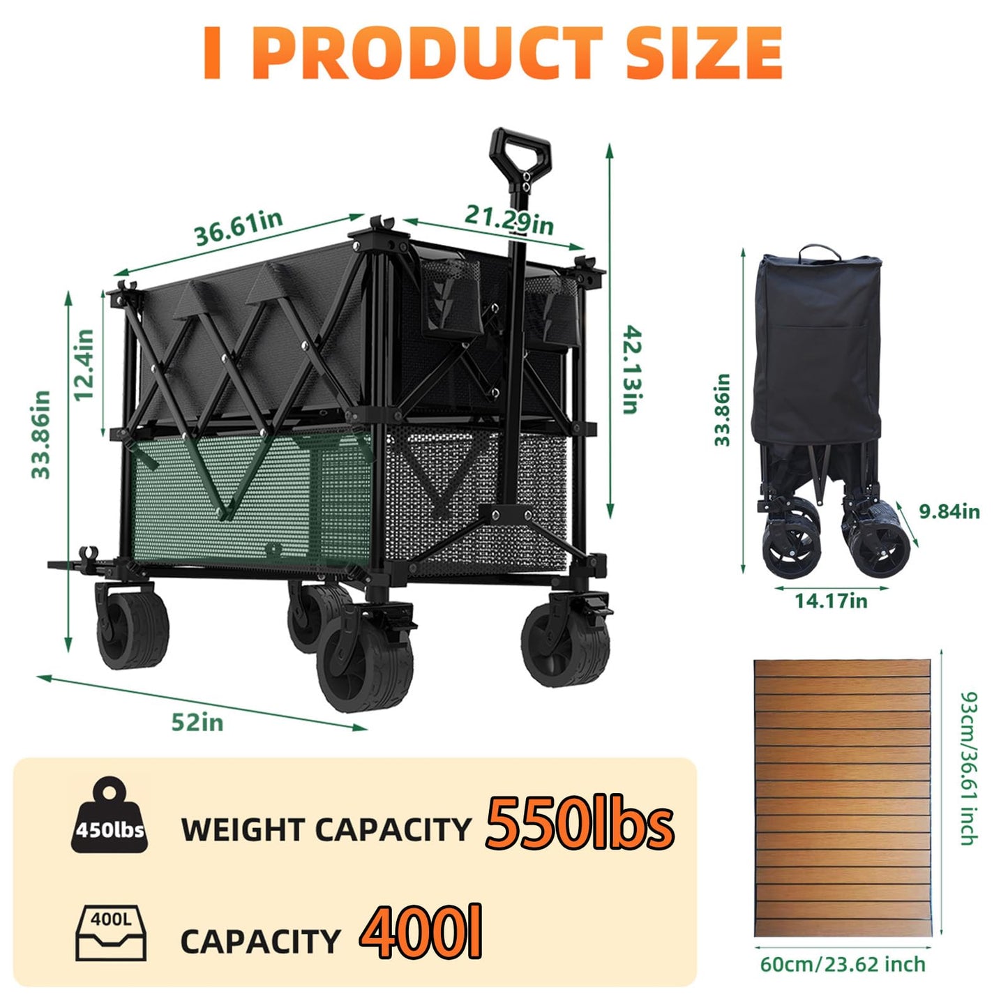 Double Decker Wagon with Table, 600lb 400L 54'' Extra Long Heavy Duty Wagons Carts Foldable with Tailgate, Utility Folding Cart Big All-Terrain Wheels with Brakes for Camping, Fishing, Beach, Outdoor
