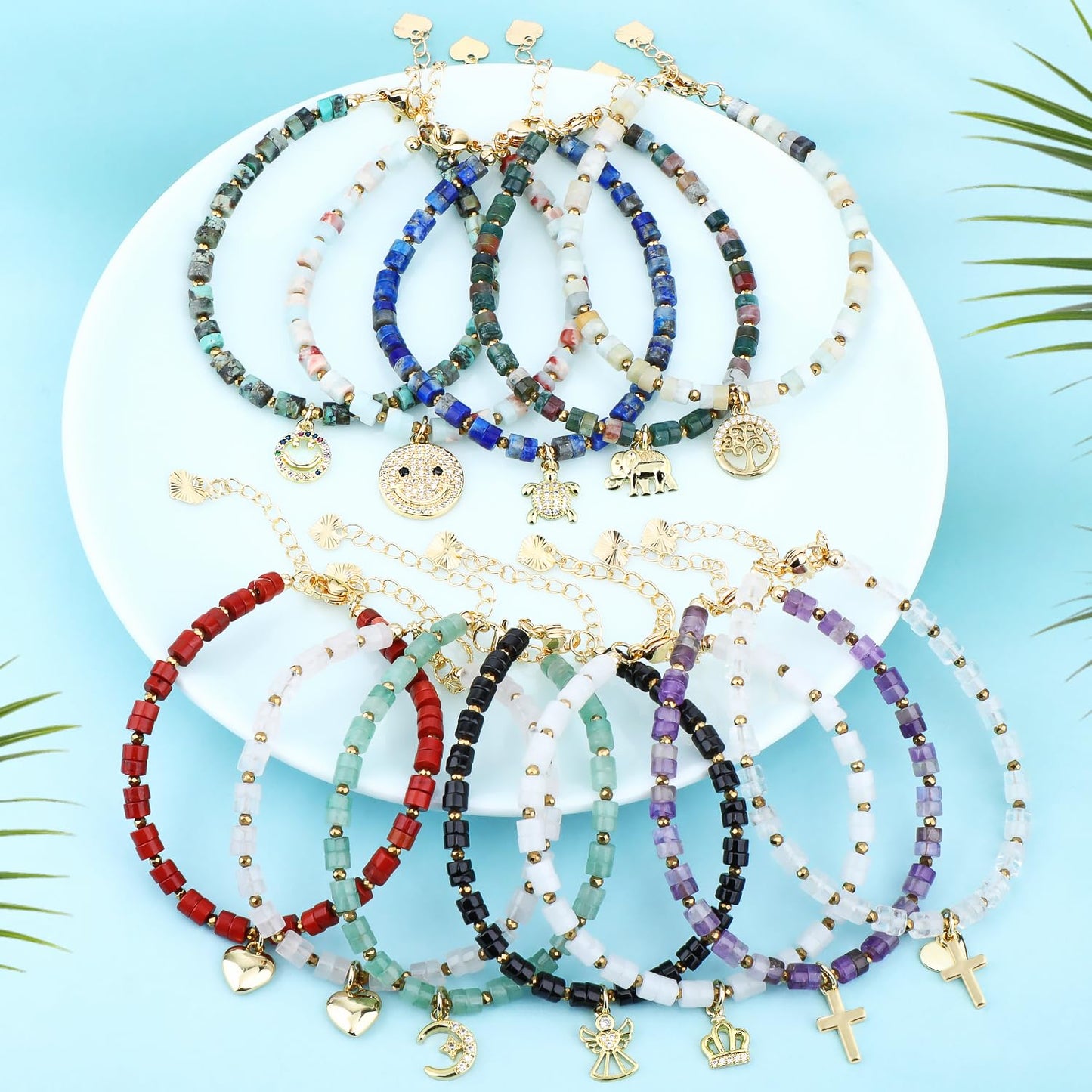 Natural Gemstone Healing Crystal Multicolor Amazonite Dainty Charms Tree of Life Bracelet Adjustable Chain Extender Minimalist Jewelry