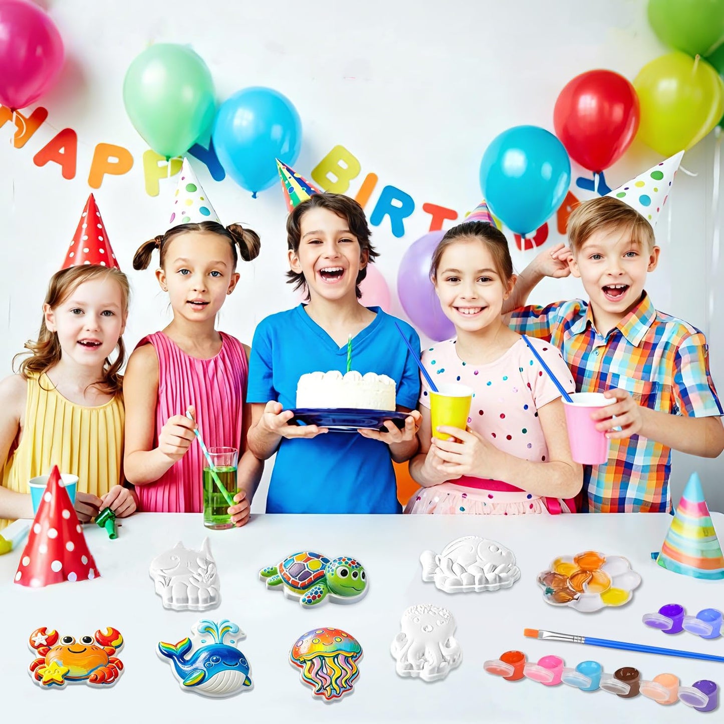 Yamgqus 24 Pcs Paint Your Own Plaster Jungle Animals Painting Kit, DIY Ceramic Arts and Crafts for Kids and Adults, Children Birthday Gift Party Event (Ocean)