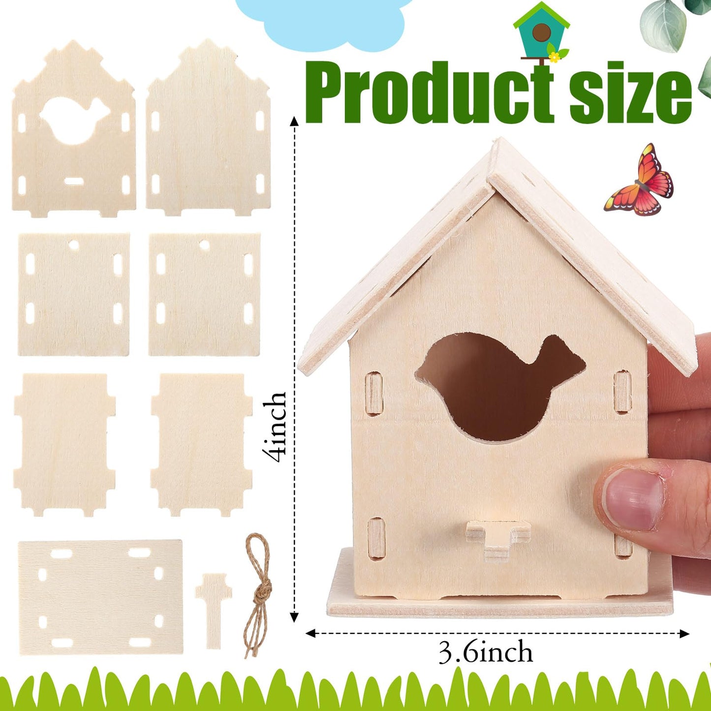 Outus 24 Pcs Wooden DIY Birdhouse Kits for Kids to Build, 4 Shapes Birdhouse Kit Wooden Unfinished with Butterfly Sticker for Boy Girl Arts Crafts(Lovely)