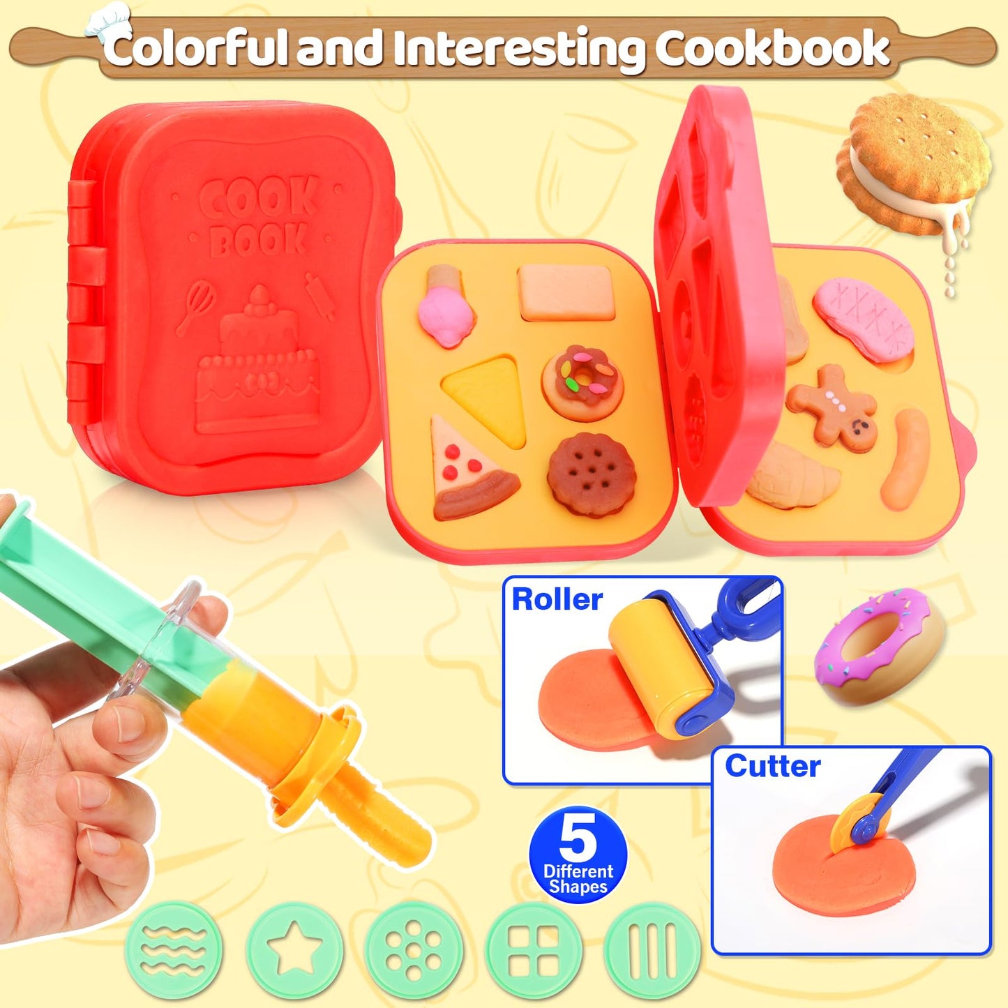 Crelloci Play Color Dough Tools Set, Deluxe 41PCS Kitchen Creations Accessories Kit, with 12 Cans Dough, Stamper Cookbook Food Mold Roller Cutter Extruder, Gift for Kids Boys Girls Ages 3+
