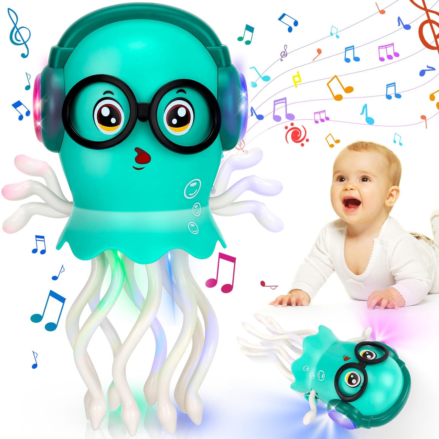 Dancing Octopus Baby Toys, Light Up Music Tummy Time Toys with 2 Flash Lights,Moving Electric Crawling Squid Toy for Babies with 1 Wheel,Baby Toy for 3 4 5 Year Old Boy Girl Christmas Birthday Gifts