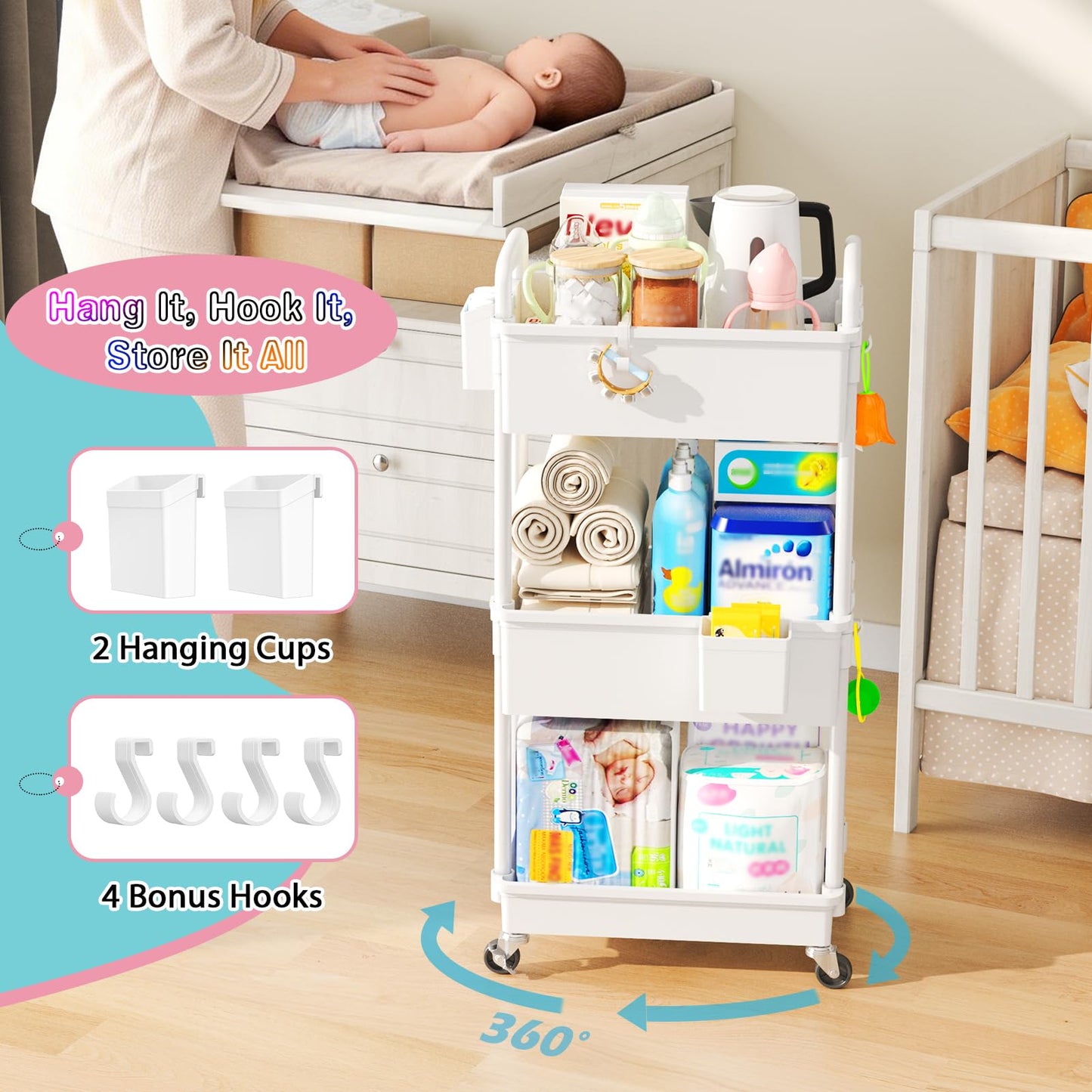 SUNALLY Baby Diaper Caddy Cart, 3 Tier Rolling Diaper Cart with Lockable Wheels for Nursery Essentials, Large Capacity & Easy Assemble Diaper Storage Organizer for Newborn,New Mom, White