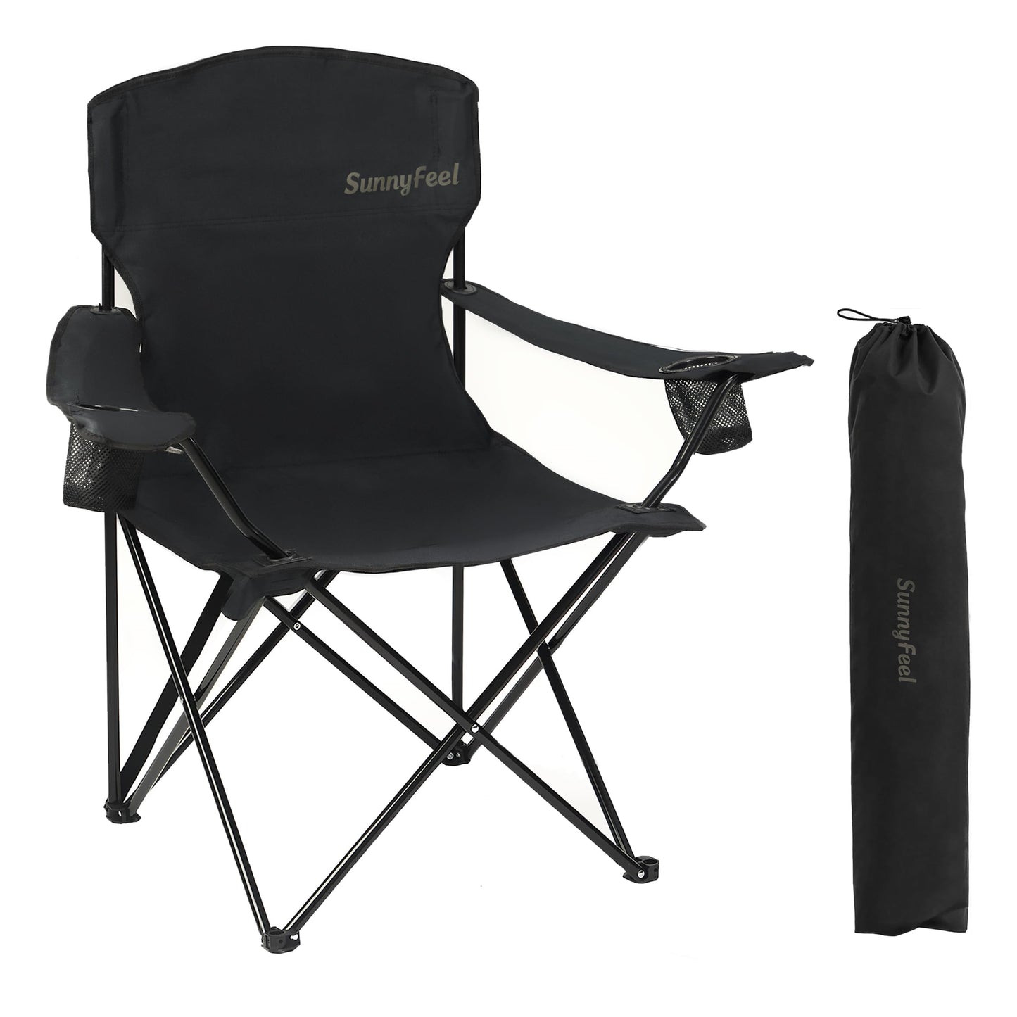 SUNNYFEEL Portable Camping Chair with Side Pockets & Cup Holder 300LBS Capacity Padded Portable Outdoor Chair, Carry Bag Included, Great for Camping, Tailgating, Firepits, Patio, & More Black