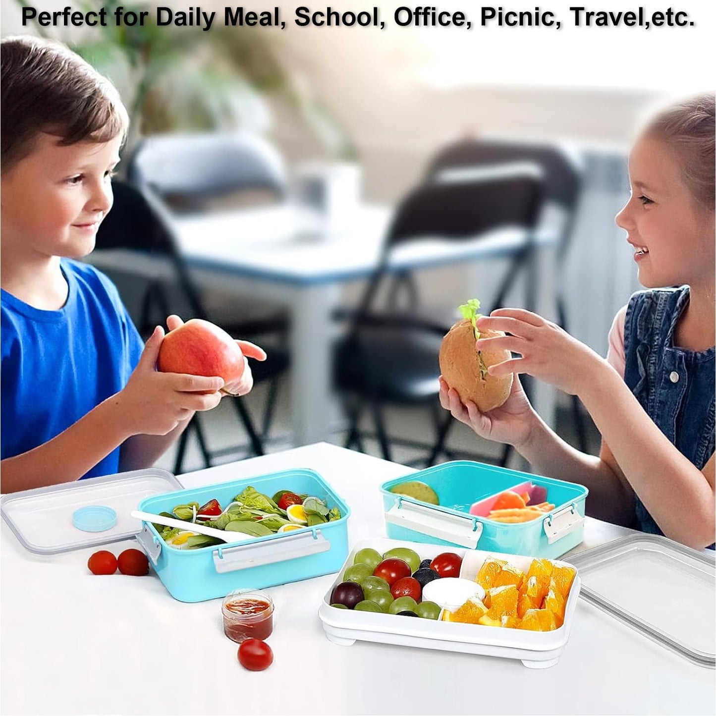 3 Pack Salad Lunch Box Food Storage Containers, 47oz Bento Box To Go Container with Lids, Meal Prep Containers with Removable Tray & Dressing Pots for Kids and Adults, Reusable and Microwave Safe