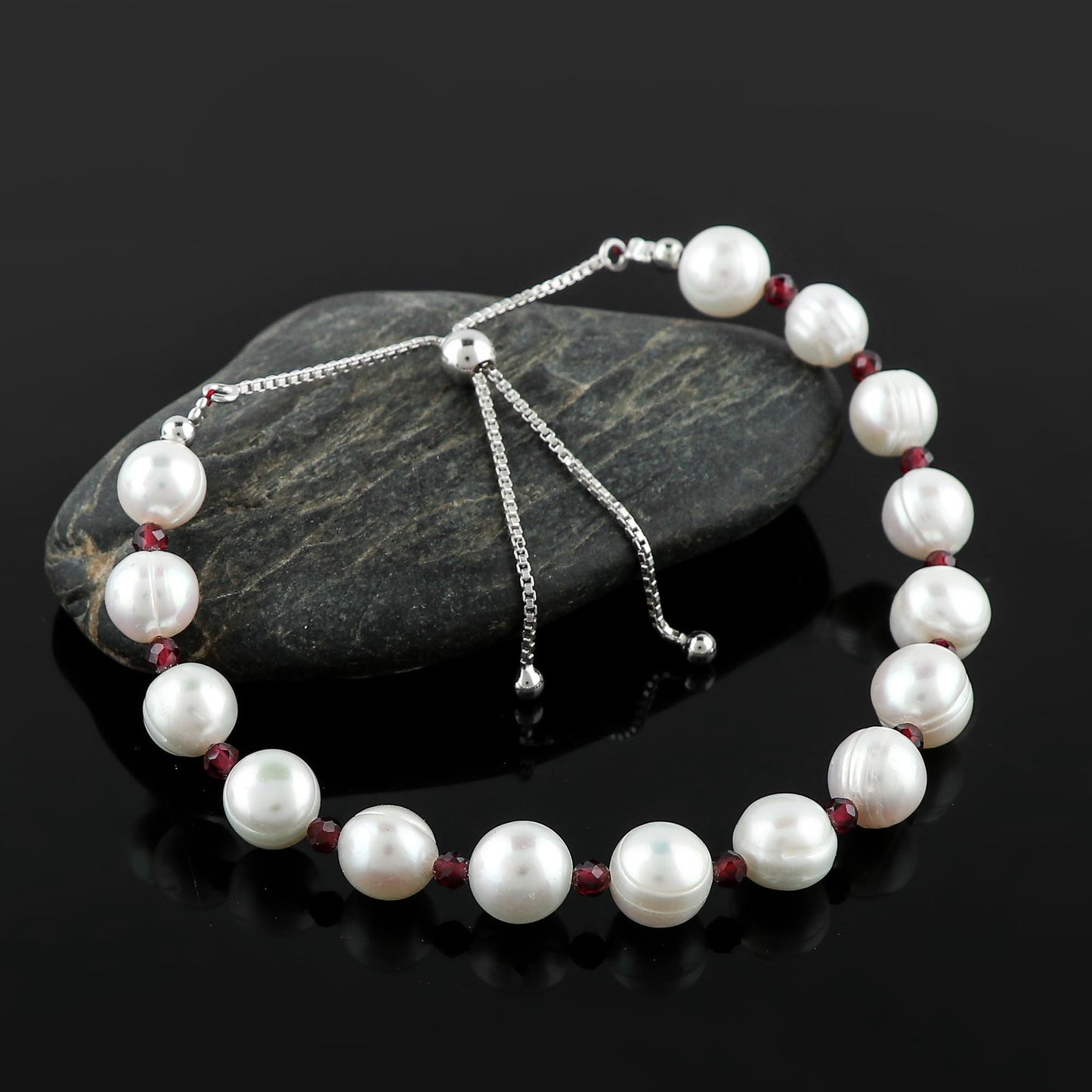 CRYSTALIS Natural Garnet And Freshwater Pearl Beaded Bracelet, Elegant Beads Crystal, Chakra Bracelet, Healing Bracelet, Gemstone Jewelry, Friendship Bracelet, 925 Sterling Silver Slider 10 inch