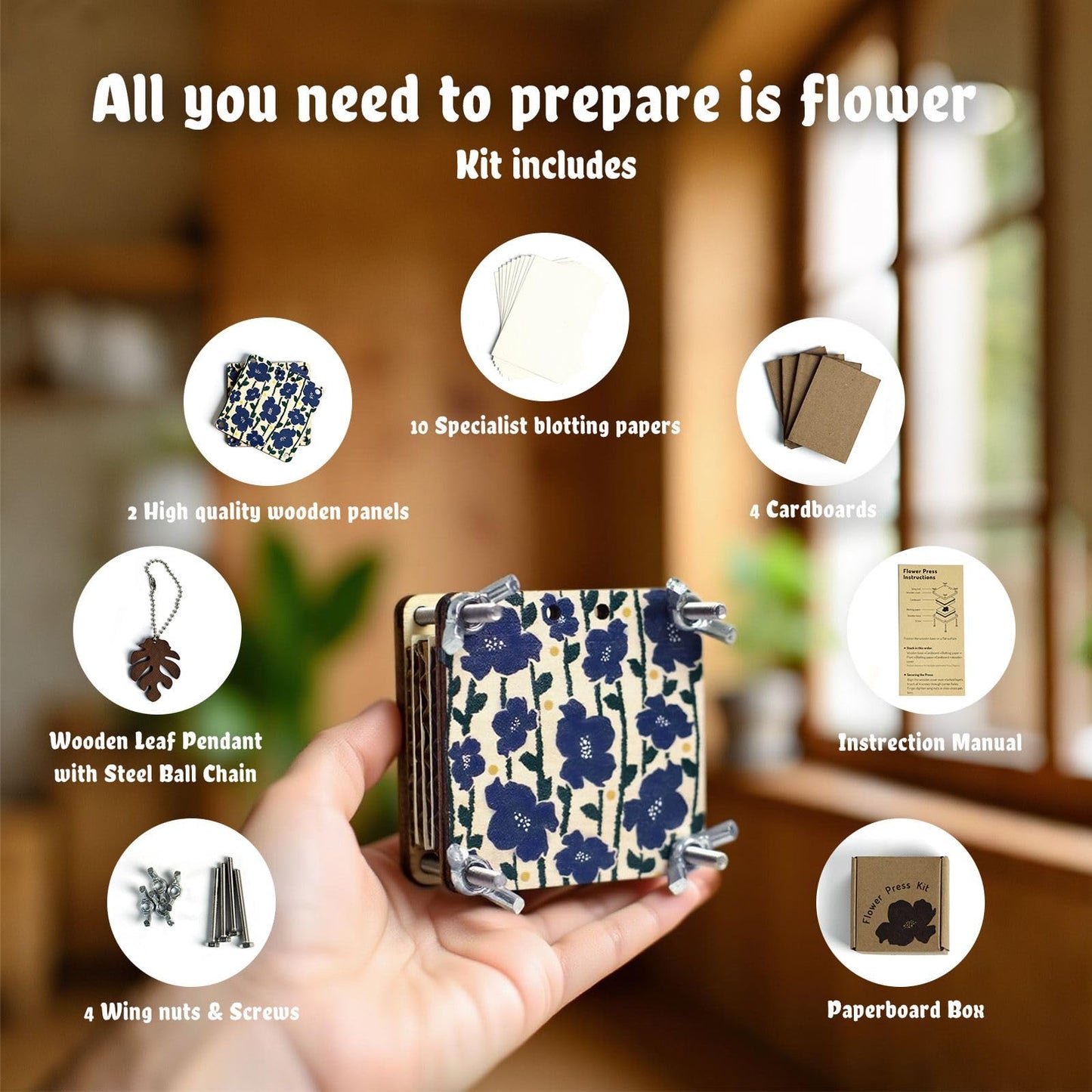 Fuwuu Mini Flower Press Kit 2.6" x 2.6" - Portable Pocket Flower Press with Carrying Chain for Hiking & Nature Journaling, Double-Sided Camellia Art Wooden Plant Press for Adults, DIY Botanical Crafts