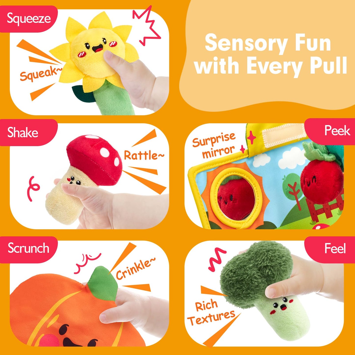 hahaland Baby Toys 6-12 Months - Fruits Vegetables Garden Plant Plush and Dancing Squid Toy - Tummy Time Toys, Crawling Toys, Wiggling Musical Standing Toy
