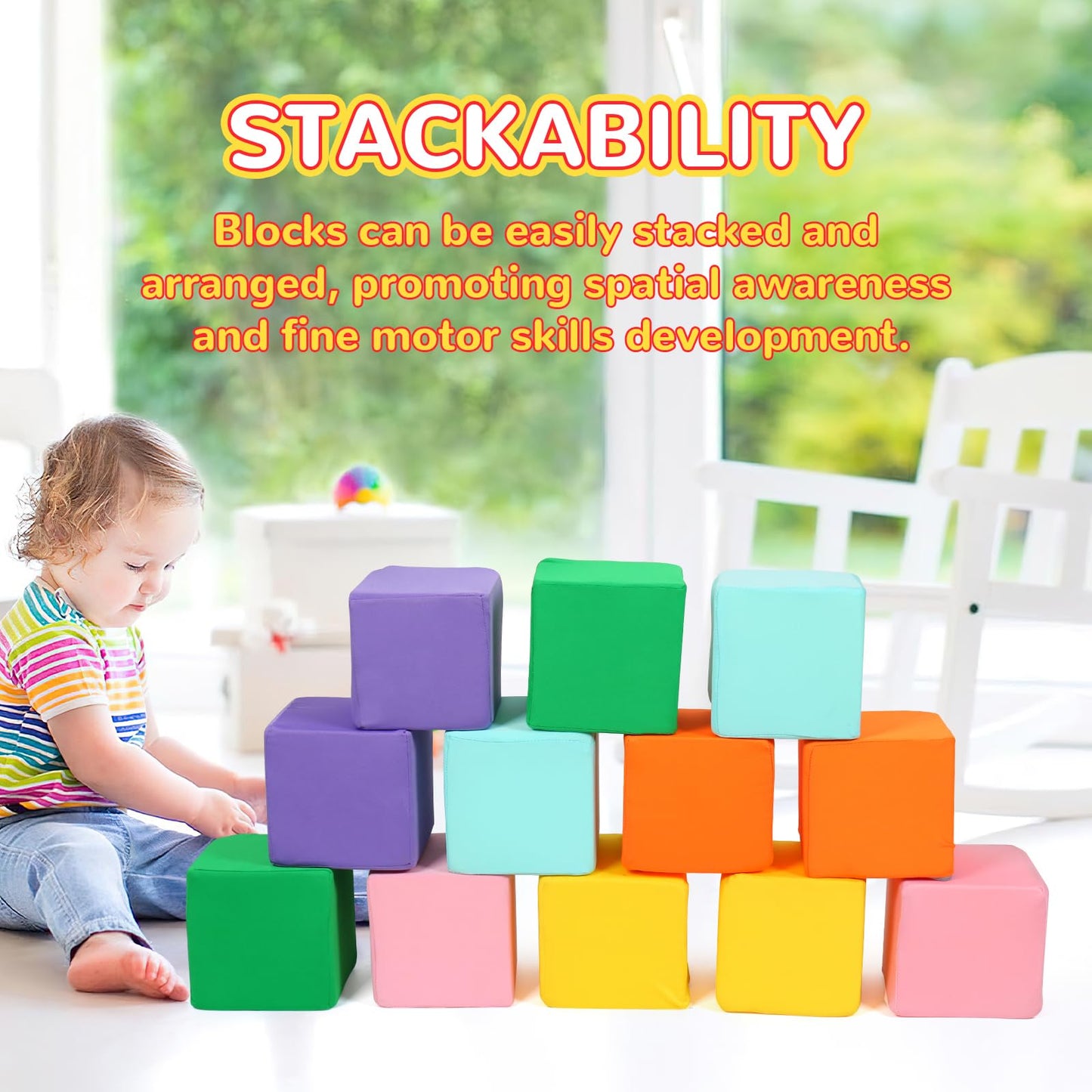 Foam Blocks for Toddlers, 12 PCS Soft Building Blocks for Kids, Large Foam Cubes Colourful Stacking Block Sets - Throw & Play Toys with Washable Cover(Pink, Light Blue, Yellow, Orange, Green, Purple)