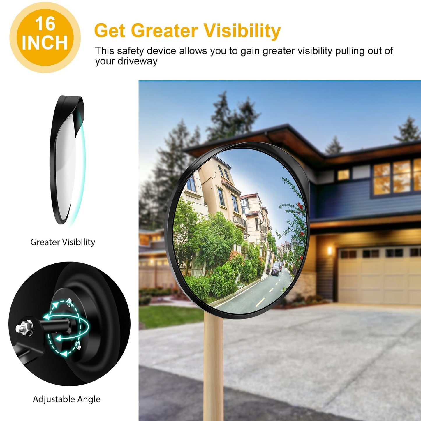 Angooni 16" Convex Driveway Mirror, Upgrade Wide Angle View, Adjustable Blind Spot Mirror, Traffic Mirrors, Security Mirrors Indoor and Outdoor, Parabolic Safety Mirrors