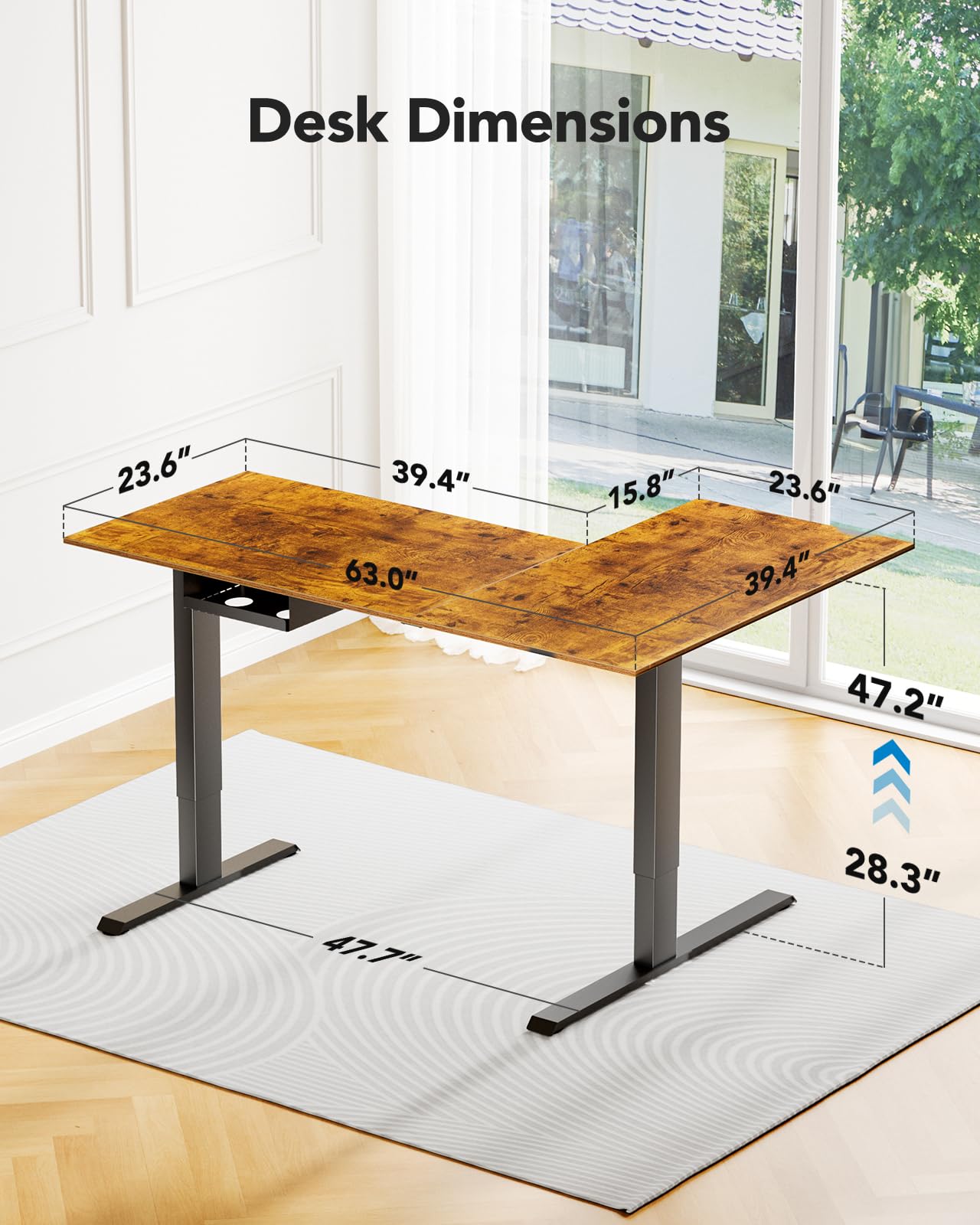 HUANUO 63x40 inch Dual Motor L Shaped Electric Standing Desk with 3 Preset Heights, Electric Height Adjustable Computer Table, 2 Hooks & Cable Tray, Raising Desk for Home Office, Vintage Brown