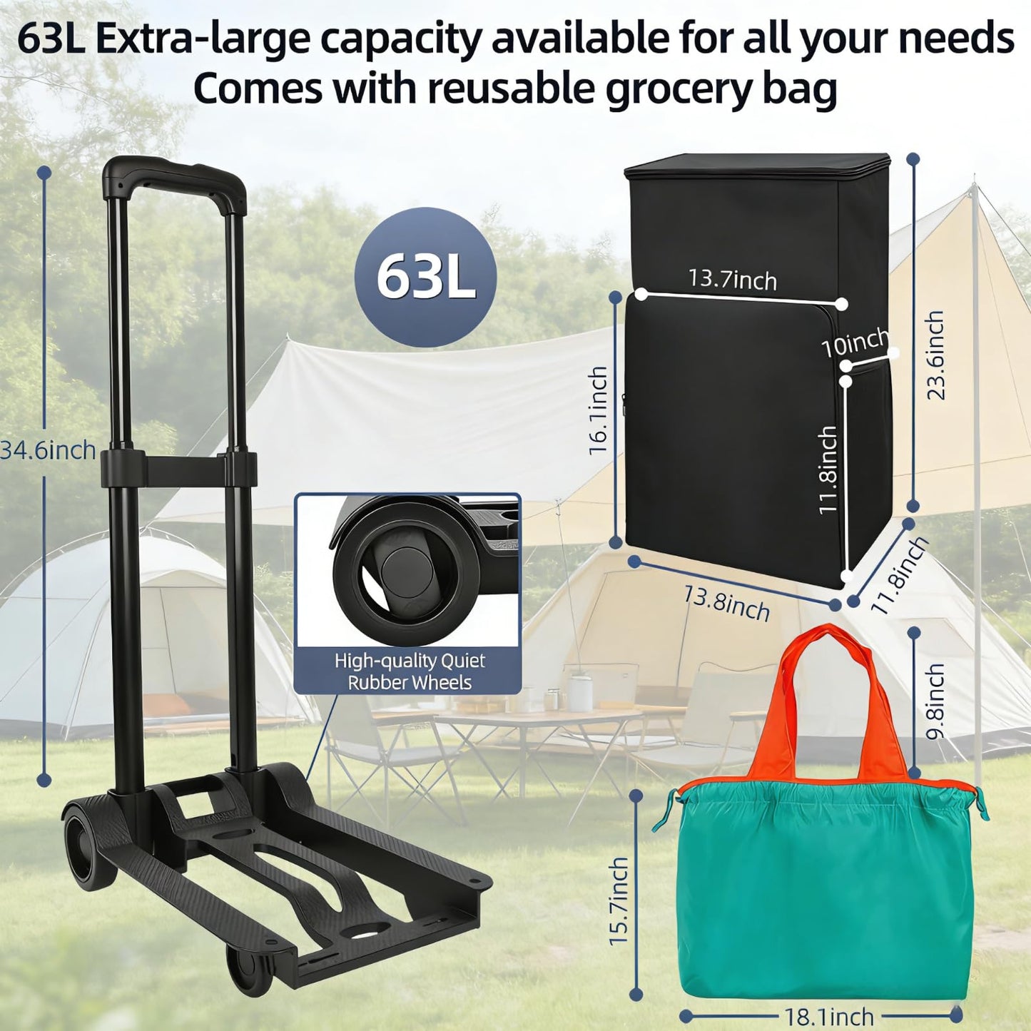 114-63L Cooler on Wheels with Handle, Insulated Leakproof Soft Cooler Carry Bag with Wheels and Handle Collapsible, Wheeled Cooler, Rolling Cooler Bag for for Camping, Fishing, Travel