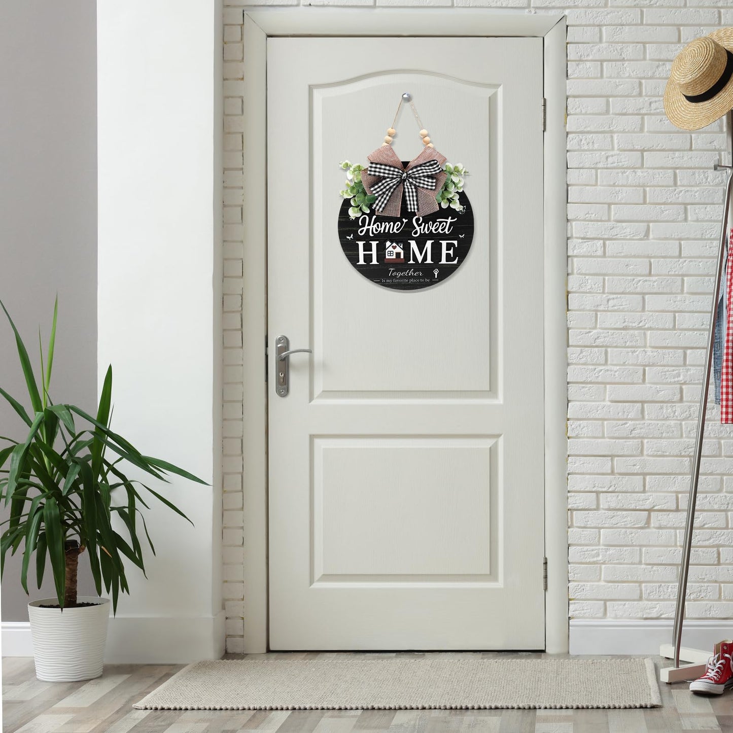 Welcome Sign for Front Door, Wooden Home Sweet Home Decor Outdoor, 3D Farmhouse Hanging Door Wreath with Artificial Greenery, Porch Welcome Sign Hanger All Year Round (Black)