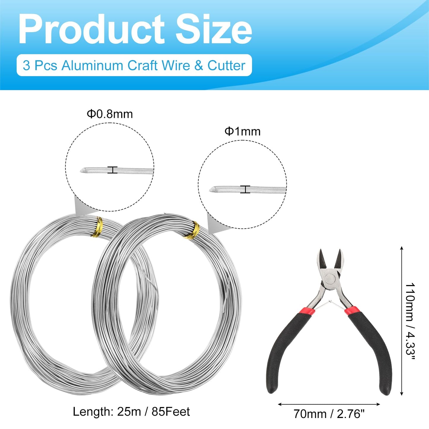 MECCANIXITY 82 Feet Aluminum Craft Wire, 20/18 Gauge (0.8/1mm) Sculpting Metal Armature Craft Wire for DIY Jewelry Making Beading Floral with Cutter Silver, 3 Pcs