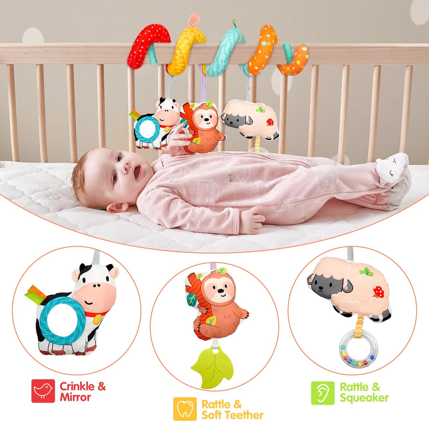 XIXILAND Car Seat Toys for Babies 0-6 Months Boy Girl Carseat Toys Hanging Spiral Stroller Toys, Infant Toys Baby Toys 0-6 Months Newborn Toys 0 3 Months Brain Development with Mirror Teether Rattle