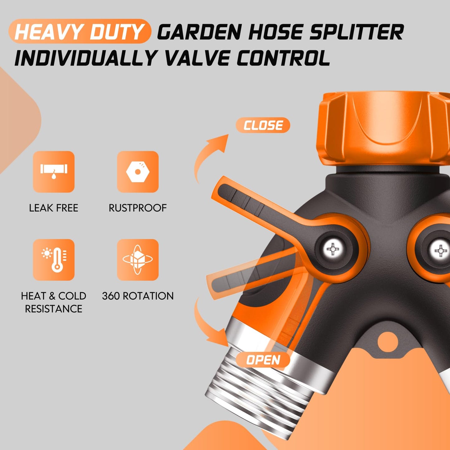 2 Way Garden Hose Splitter with Shut Off Valve,Water Spigot Splitter for 3/4" Hose Connector,Heavy Duty Metal Outdoor Faucet Splitter Y Connector for Hose,with 3 Leakproof Washers & 1 tape(2, Orange)