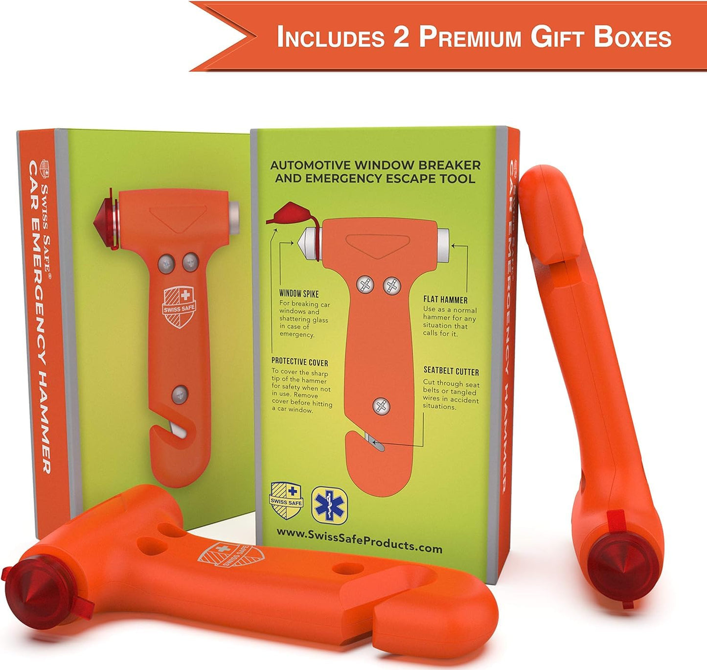 Swiss Safe Durable 5-1 Car Safety Hammer Window Breaker Breaker Tool w/Seatbelt Cutter - Emergency Escape Glass Hammer - Truck, Car Safety Essentials & Accessories - Orange, 2 Pack
