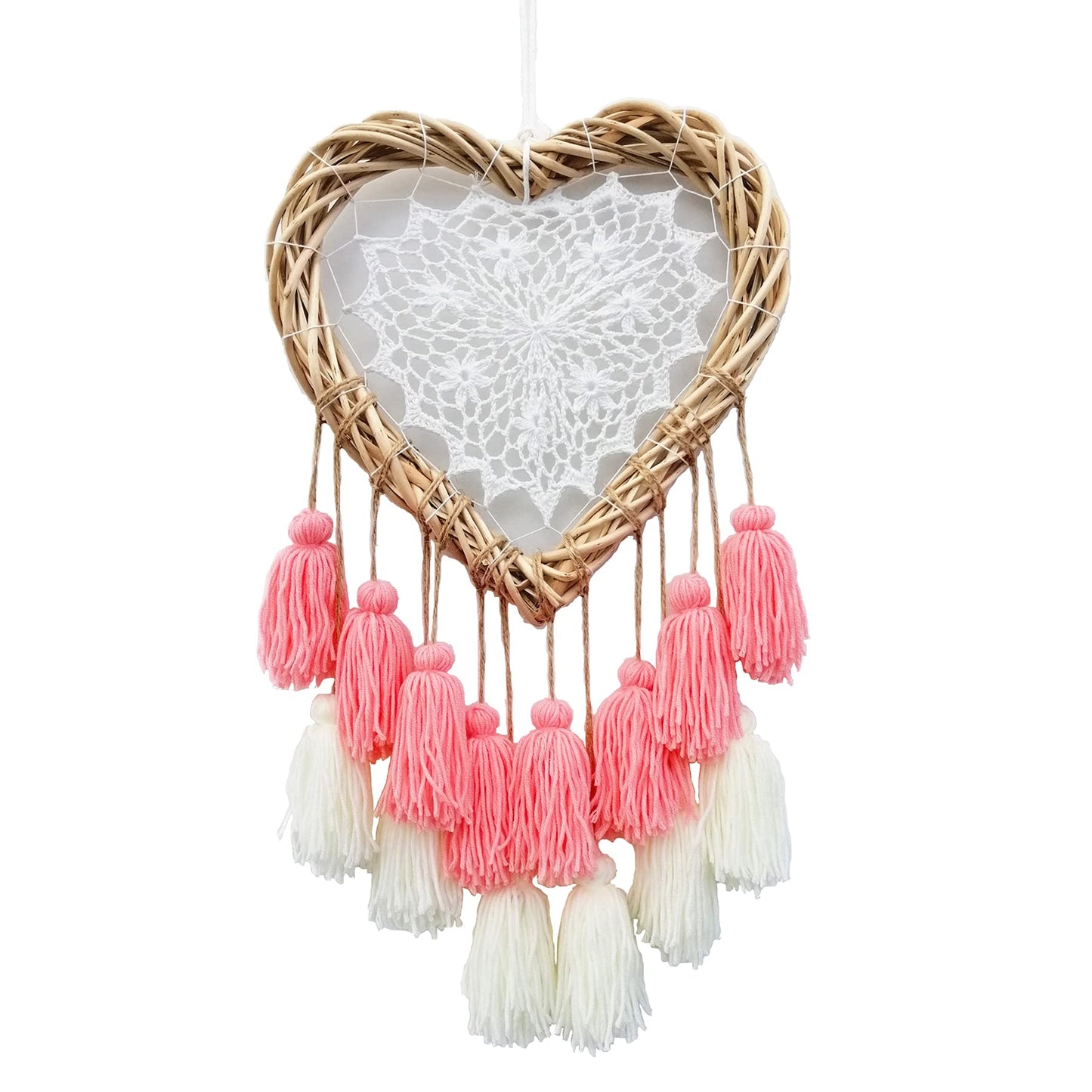 LVOPO Wall Hanging with Pink Tassels, Boho Baby Girls Room Wall Decor, Kids Nursery Decoration, Handmade Rattan Woven & Soft Cotton Cute Wall Art Backdrop, Chic Birthday Gift