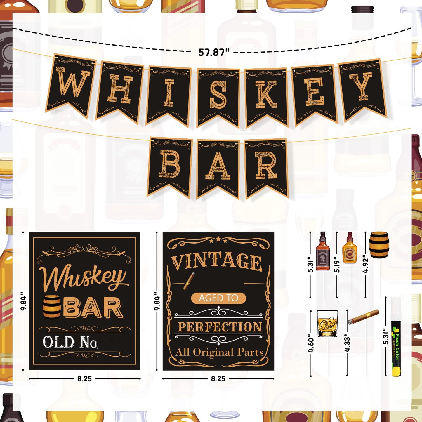 Whiskey Bar Decoration Kit, DIY Whiskey Bar Sign Aged to Perfection Party Sign Cake Toppers for Men 30th 40th 50th Birthday Decorations Aged to Perfection Party Supplies