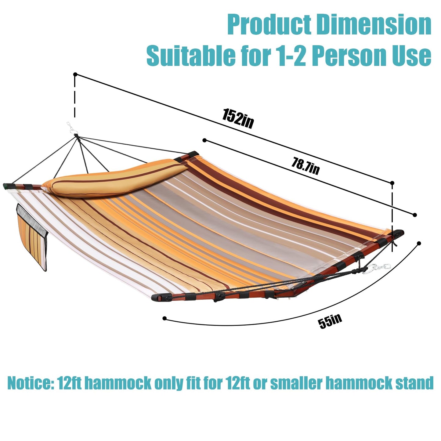 TegerDeger 12FT 2 Person Hammock Large Hammock 450LB Capacity with V Shaped Hardwood Spreader Bar & Nylon Rope for Outside, Patio, Garden, Backyard, Beach, Poolside - Fall Yellow Stripes