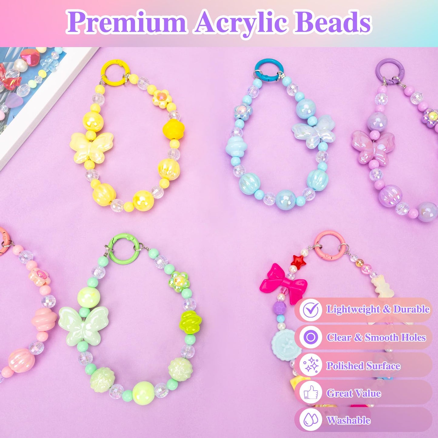 XSEINO About 1000pcs Acrylic Beads for Bracelet Making,Star Heart Flower Butterfly Candy Gummy Bear Kawaii Aesthetic Cute Beads for Jewelry Making DIY Necklace Keychain Phone Charms Crafts