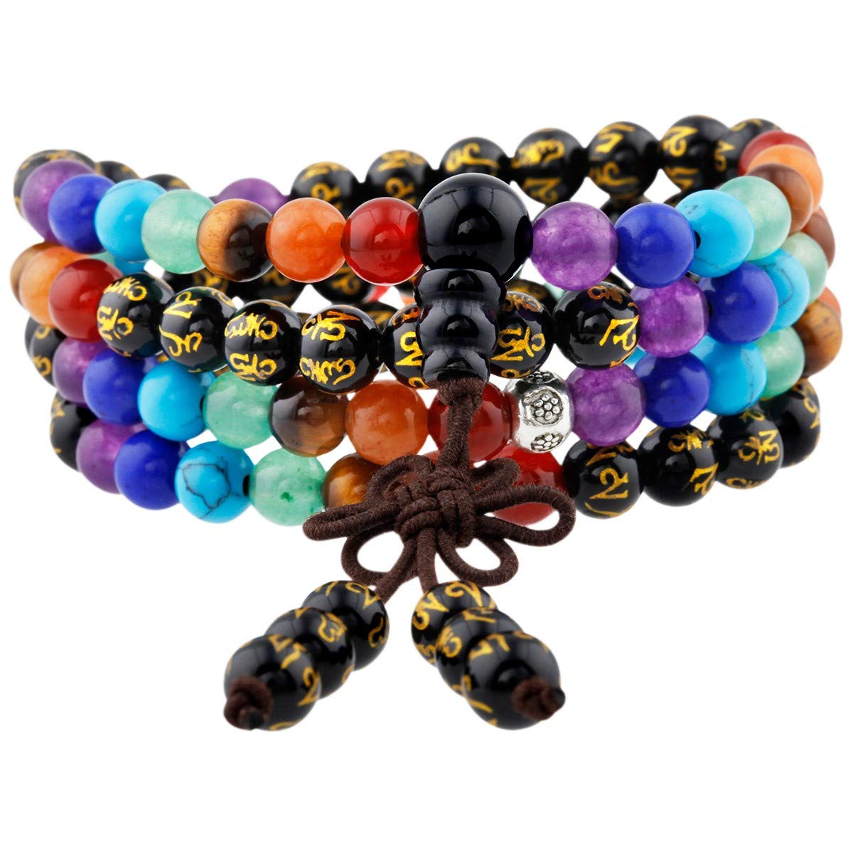 TUMBEELLUWA 6mm Stone Beads Bracelet for Women and Men, 108 Mala Prayer Beads Necklace for Unisex Elastic, Black Obsidian Chakra Bracelet