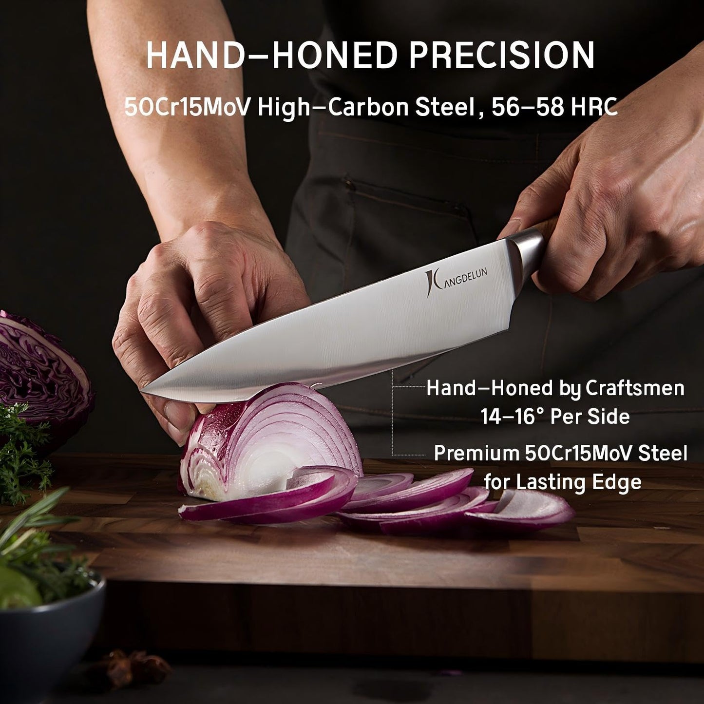 Kangdelun Ultra Sharp 15-Piece Kitchen Knife Set, High Carbon Stainless Steel Blades, Torrefied Natural Wood Handles, Ergonomic Design, Space-Saving White-Finished Wood Block, Easy Hand Wash, Gift Box