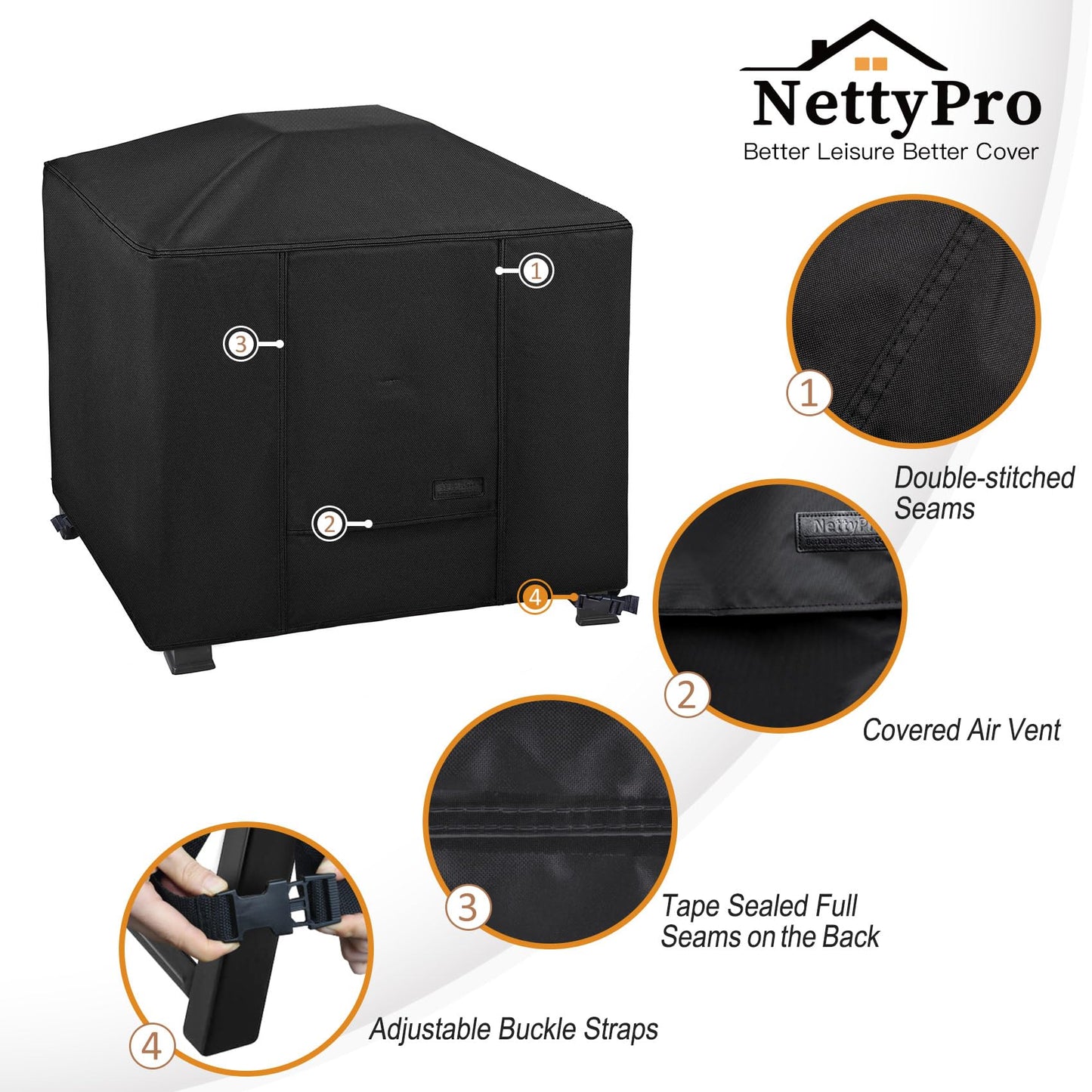 NettyPro Fire Pit Cover Square Waterproof Outdoor Firepit Cover for Gas Propane Fire Pit Table, 32 x 32 x 24 inch, Black