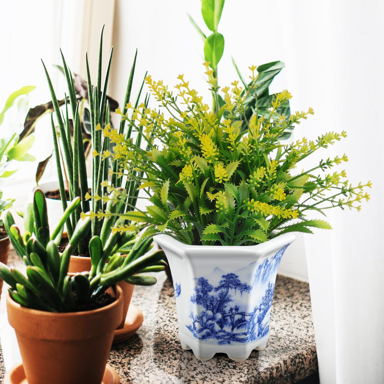 Mipcase Blue & White Porcelain Flower Pot: Small Plant Pots with Drainage Holes for Succulent Cactus - Ceramic Planter for Home Office Balcony