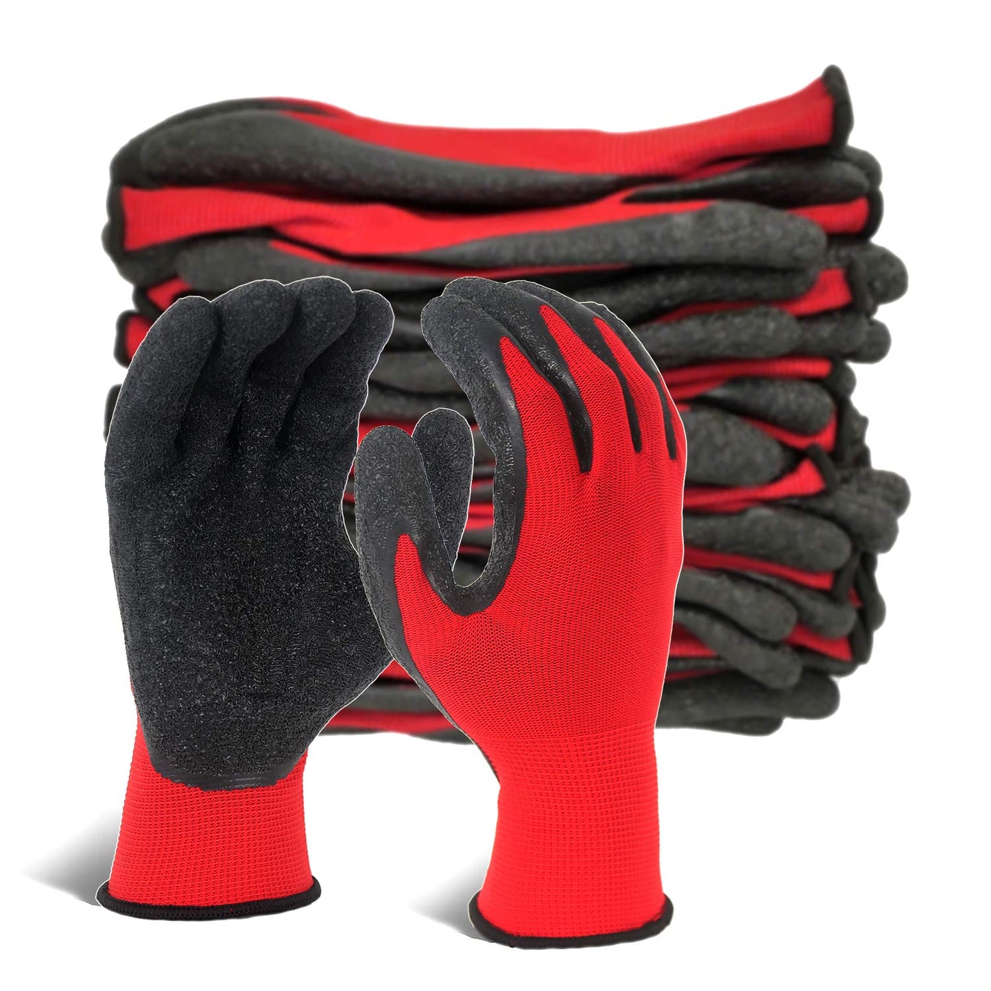 Evridwear Crinkle Latex Rubber Hand Coated Safety Work Gloves for Men Women General Multi Use Construction Warehouse Gardening Assembly Landscaping,Red Medium 12 Pairs Pack