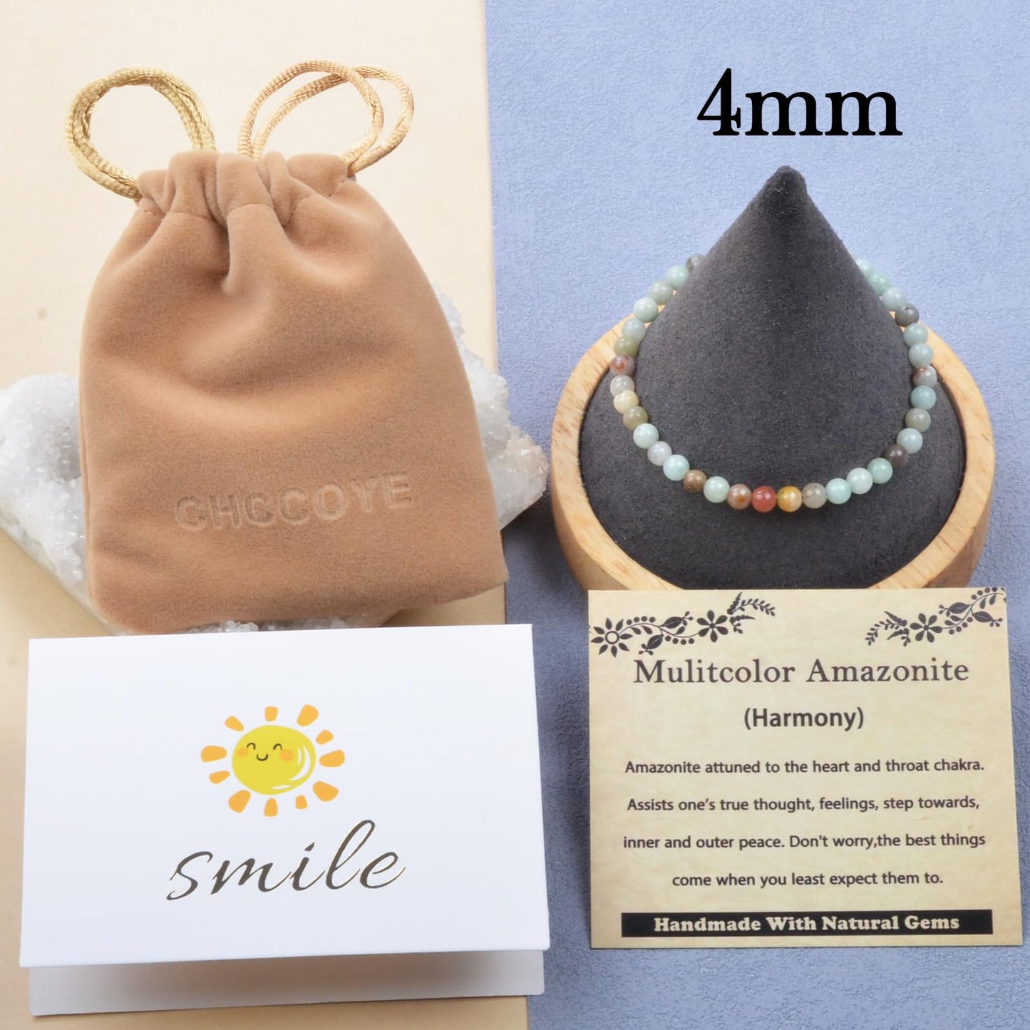 CHCCOYE 4mm Handmade Adjustable Natural Gemstone Crystal Bracelet Healing Power Energy Inspirational Gifts with Card for Unisex (Mulitcolor Amazonite)