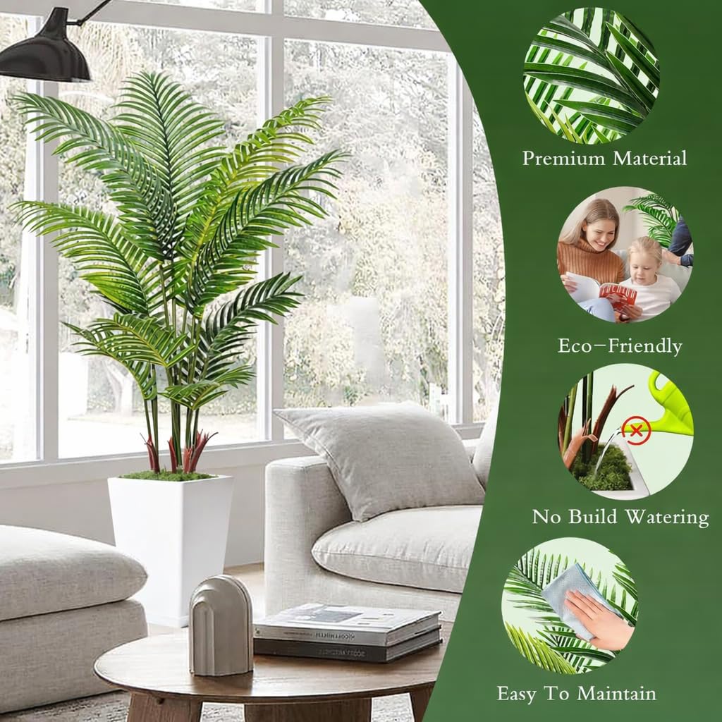 6FT Artificial Palm Tree, Tall Faux Palm Tree Indoor with Fake Plants Tall, Artificial Plants with Lifelike Leaves for Home Office Decor (White)