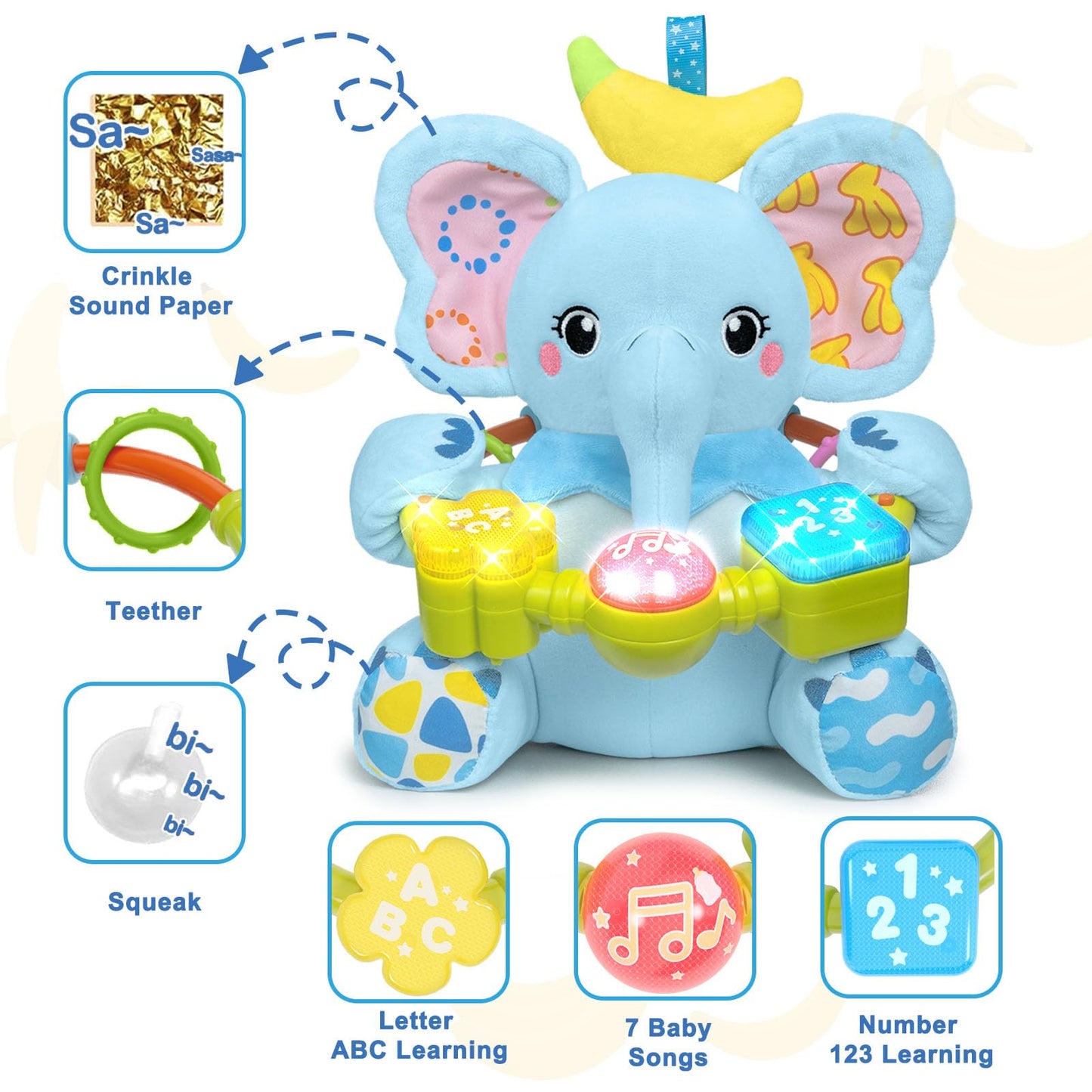 Baby Elephant Musical Stuffed Animals Toy with Light-Up Music & Crinkle,Infant Bilingual Early Learning Education Toys,1st Easter Basket Shower Stuffers for 0-3-6-12+ Months Boy Girl Gifts,Blue