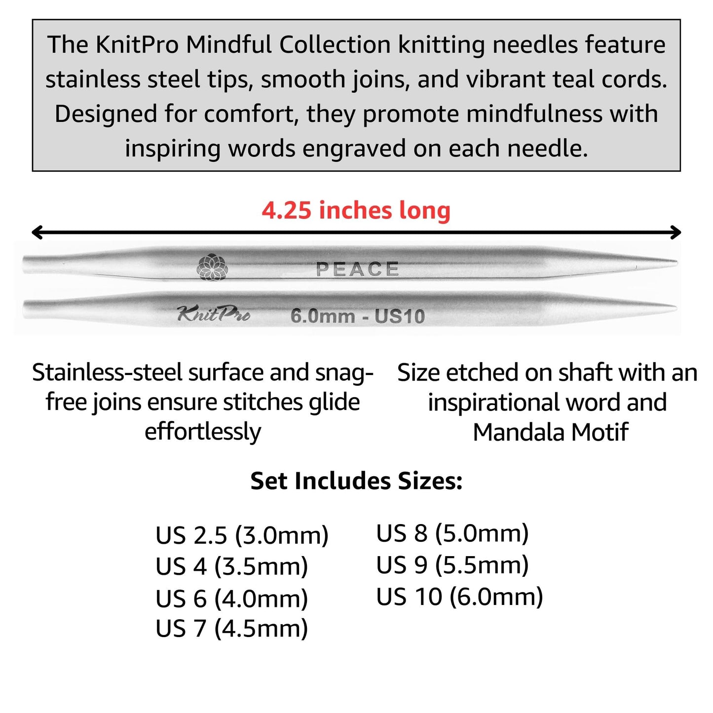 KnitPro Mindful Believe Set 5 Inch Circular Knitting Needles Size 2.5, 4, 5, 6, 7, 8, 9, 10 Interchangeable, 3 Cables, 2 Connectors & More, Fabric Case with Project Bag
