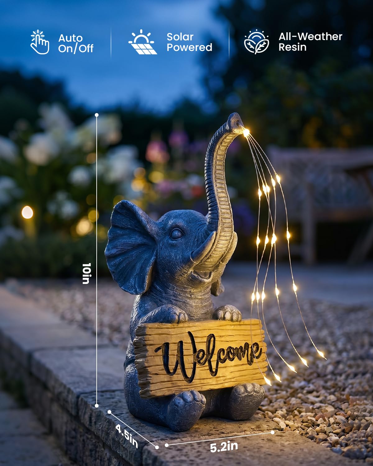 KVR Solar Elephant Statue with Welcome Sign, Outdoor Garden Decor with Warm White Steady-On String Lights, Waterproof Resin Figurine for Front Porch, Patio, Yard, Housewarming Gift