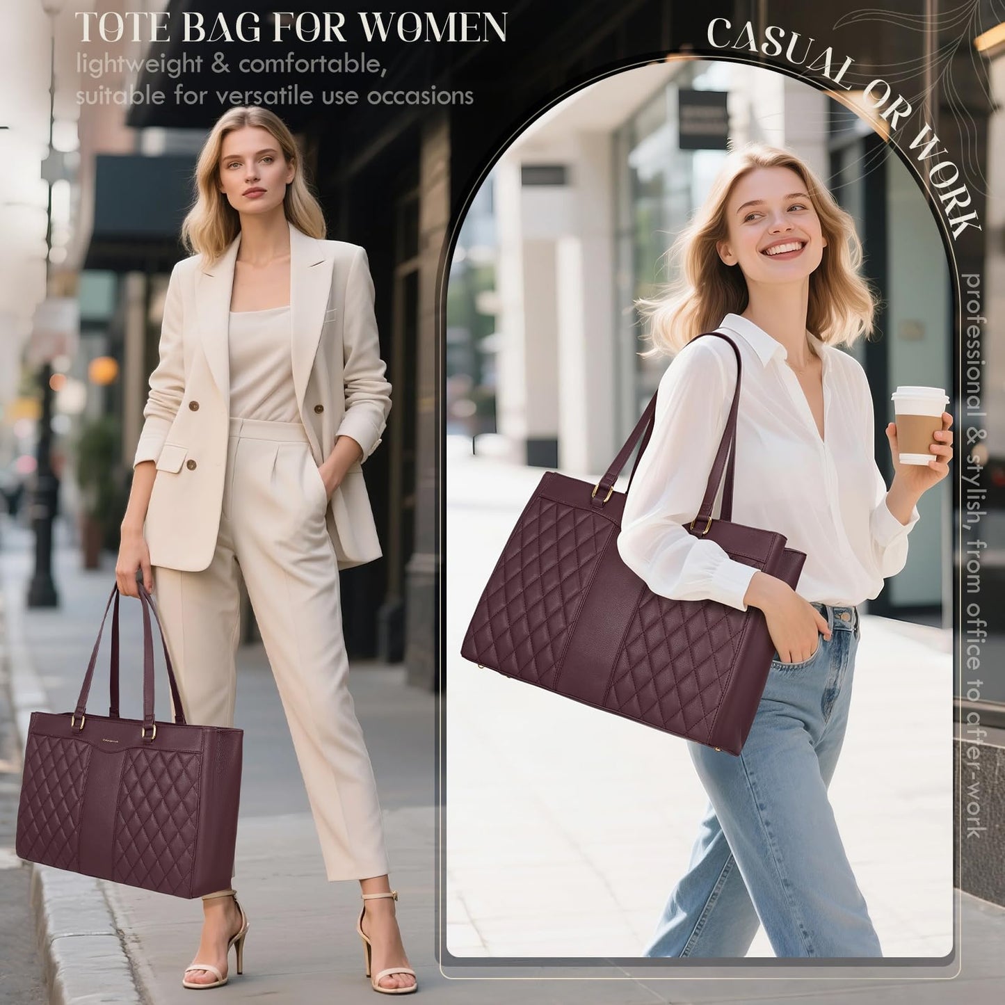 RAINSMORE Laptop Bag for Women 15.6 Inch Work Tote Bags Leather Laptop Tote Professional Laptop Purse Computer Handbag Womens Briefcase Tote with Clutch for Teacher Office Travel, Dark Purple