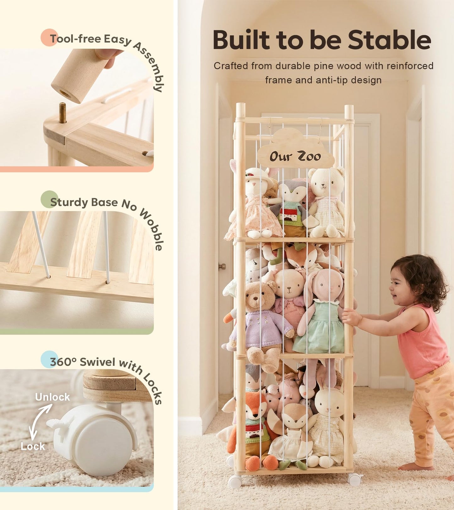 Mallify Stuffed Animal Storage, 54 Inch Wooden Stuffed Animal Zoo with Brake Wheels, Large Capacity Plush Toy Organizer for Nursery Playroom Bedroom