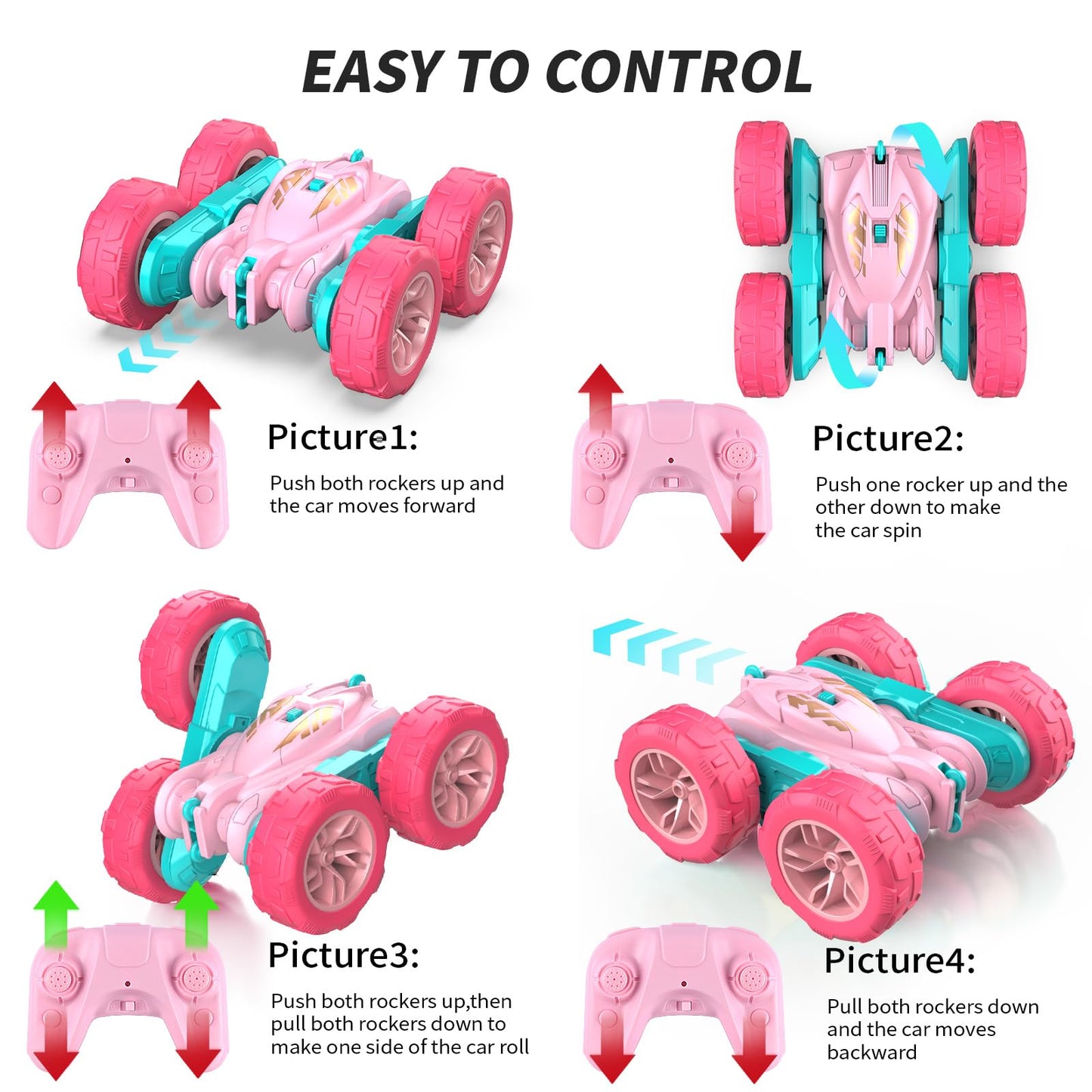 RacingFun Pink Remote Control Car for Girls，2.4 Ghz Double Sided RC Cars 360° Rotating Remote Control Crawler with USB-C Easy Charging Car Toys for 4 5 6 7 8 9 10 Girls Birthday Gift Grandkids