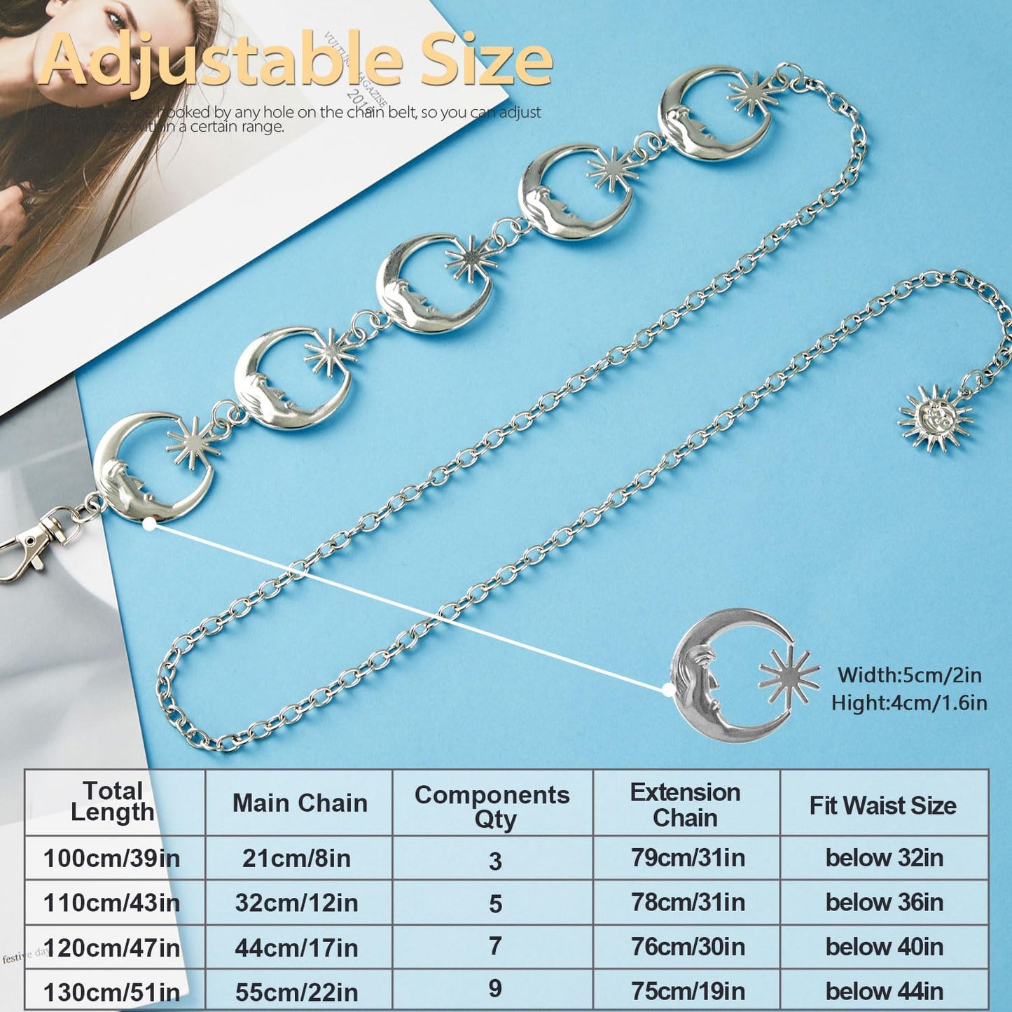 FIORETTO Chain Belt for Women Metal Belts Fashion Waist Belts for Dress Silver Moon&Star Length 47in