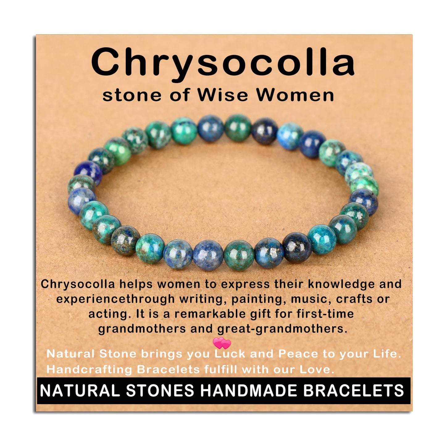 AD Beads Handmade Gemstone Stretch Elastic Bracelet Crystal Healing Reiki Nature's Beauty and Spiritual Essence Unisex (6mm, Chrysocolla (Wise Women))