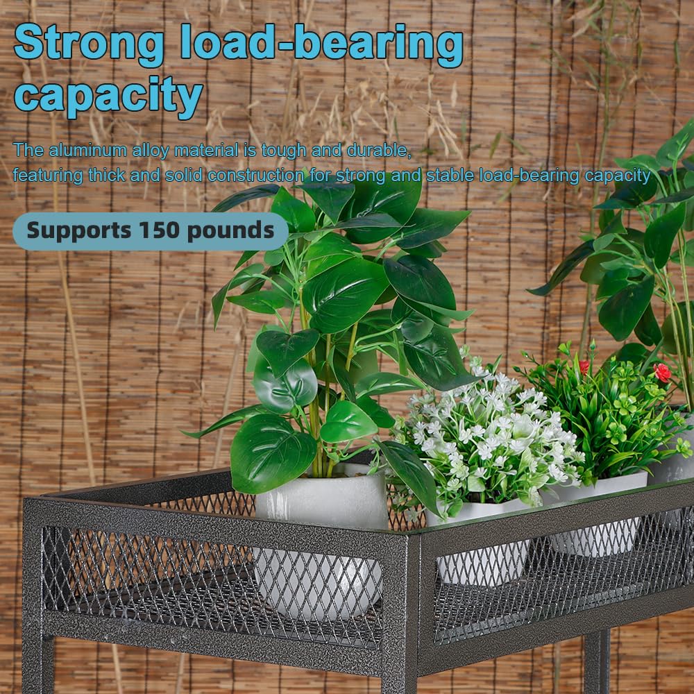 DHYGOTFUR 2-Tier Aluminum Plant Stand Outdoor Indoor with Lockable 360° Wheels & Grid Guardrails, Heavy-Duty Metal Plant Rack Anti-Fall, Mobile Display Shelf for Patio Garden Balcony Lawn