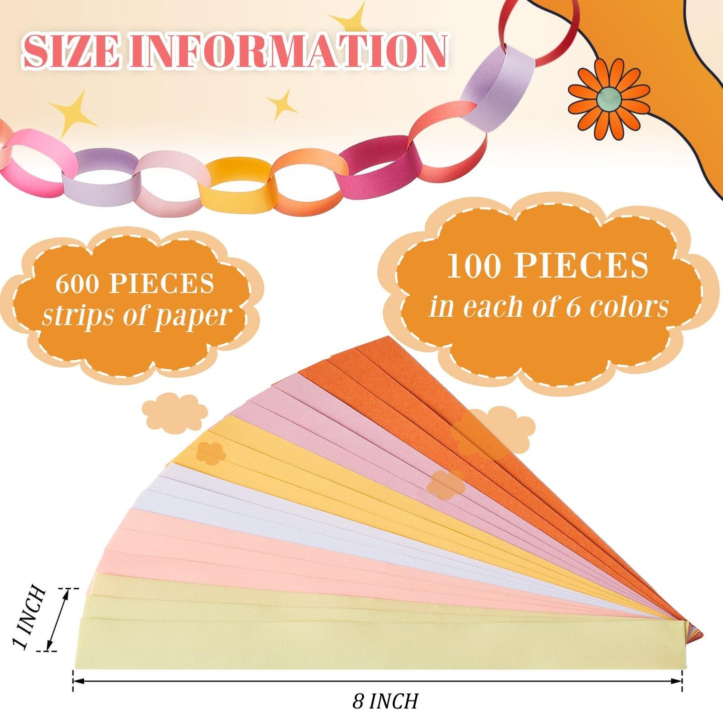 Lincia 600 Sheet Paper Chain Garland Strips 1x8 Inch with Double Sided Tape, DIY Construction Paper Chains for Birthday Wedding Holiday Party Decorations, Crafts Supplies (Groovy)