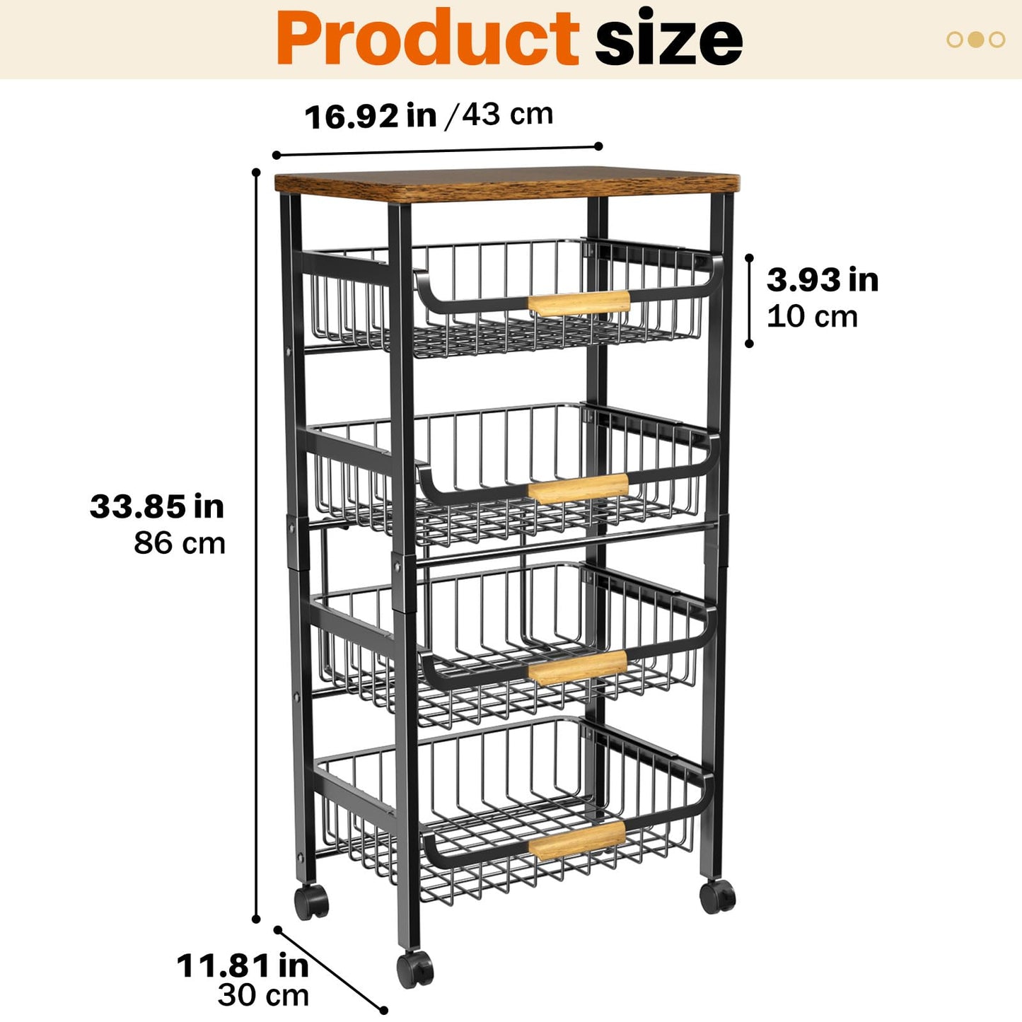 5-Tier Rolling Utility Cart, Kitchen Storage Cart with Wheels, Large Capacity Utility Cart with Wooden Tabletop & Mesh Baskets for Kitchen, Bathroom, Laundry Room