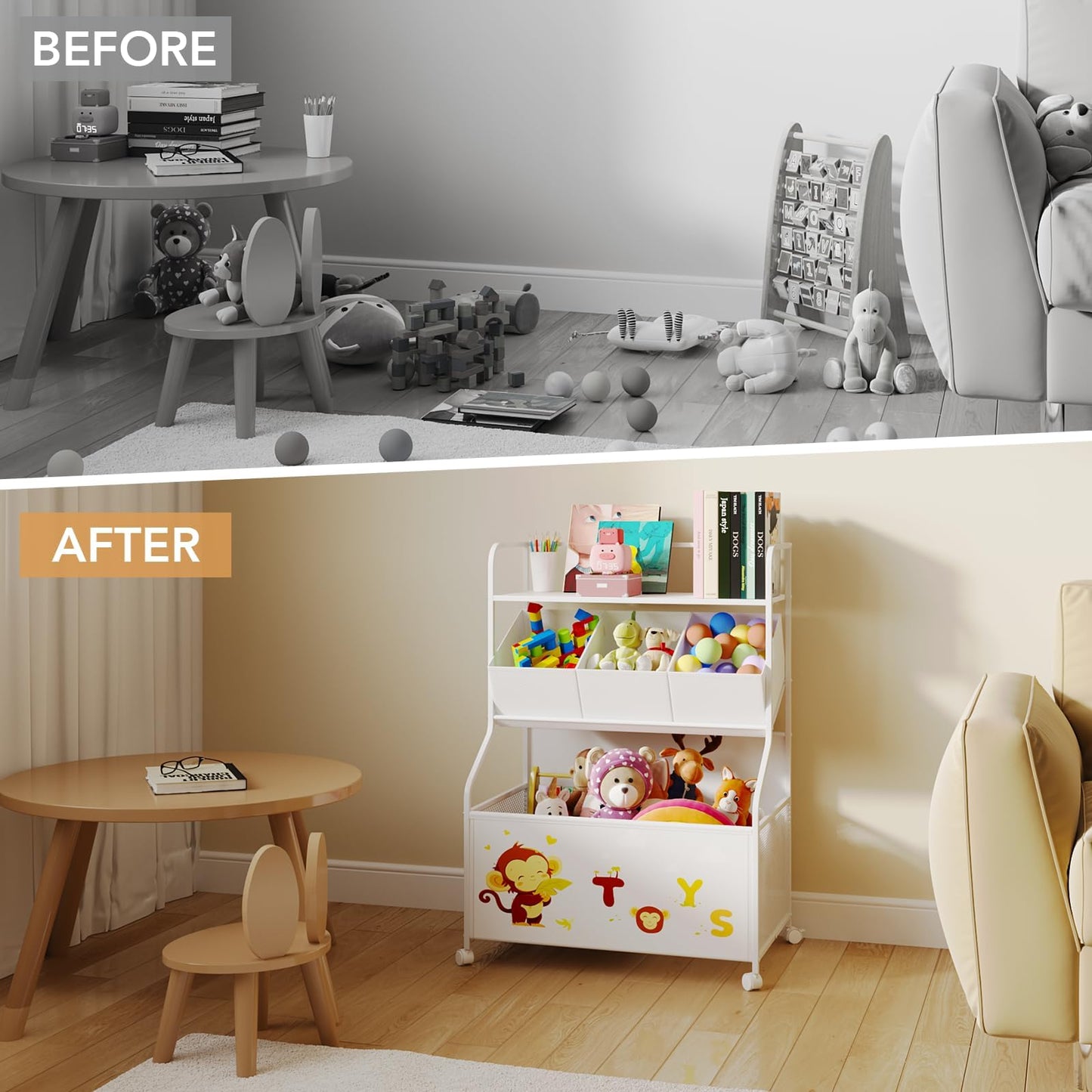 BBLIKE Toy Storage Organizer with Wheels - 3-Tier Kids Large Toy Box, Toy Chest Storage for Boys Girls Toddlers, Kids Bookshelf with 3 Fabric Toy Boxes for Playroom, White